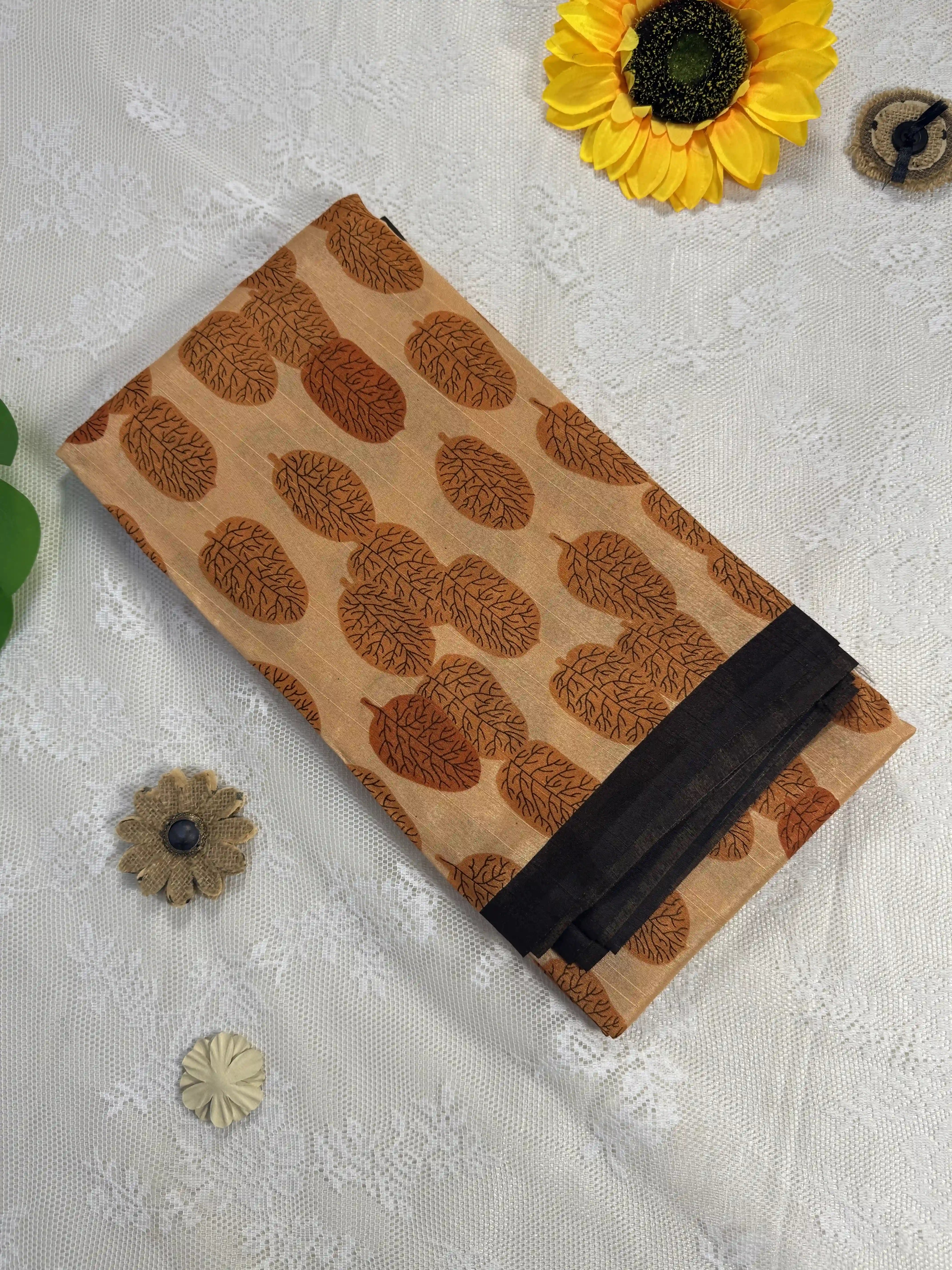 Everyday Tussar Saree: Orange Saree with deep orange leafy motif body black line border with orange and black floral pallu