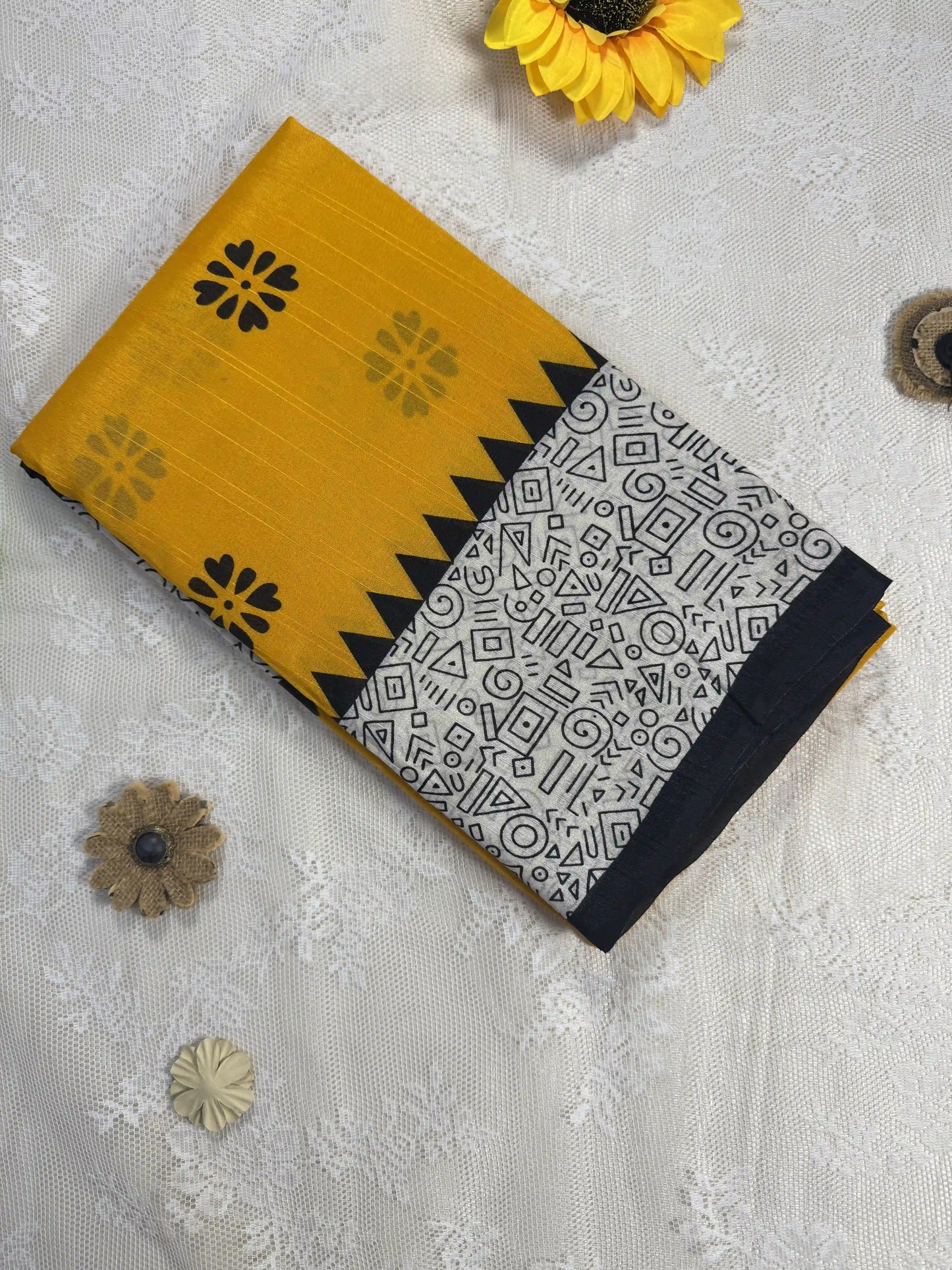 Everyday Tussar Saree: Yellow Saree with black floral motif body and black & white doodle art border