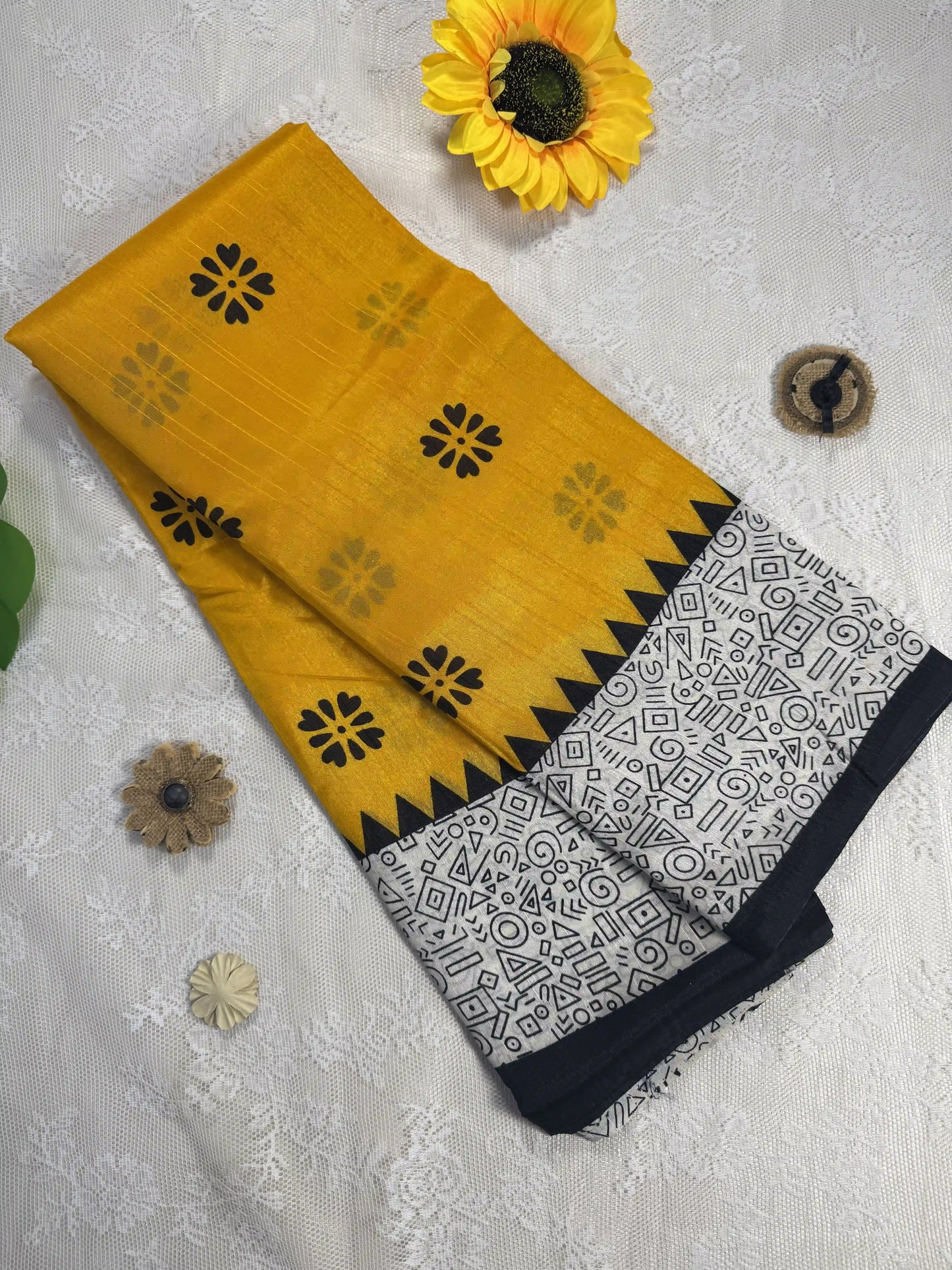 Everyday Tussar Saree: Yellow Saree with black floral motif body and black & white doodle art border