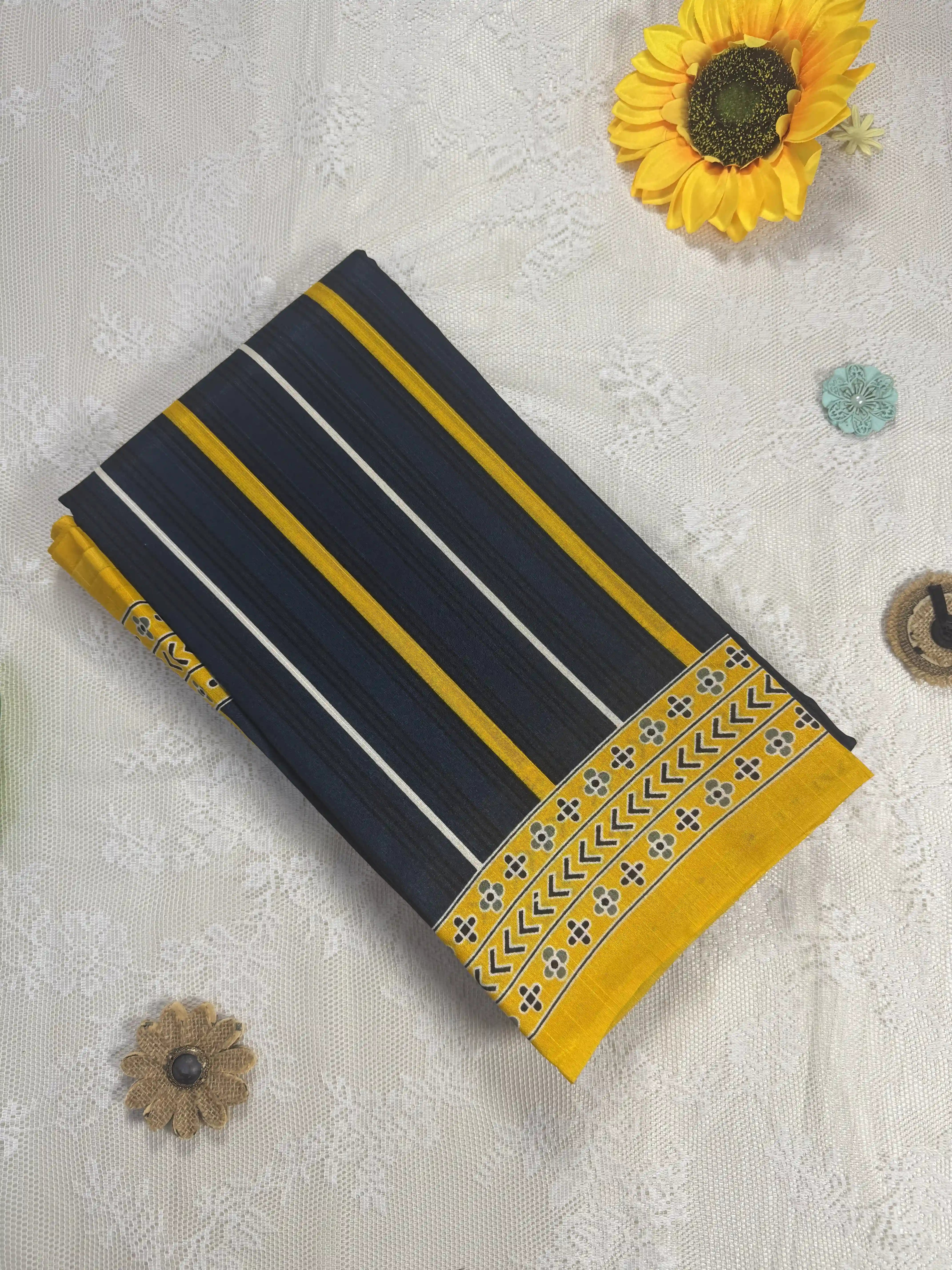 Everyday Tussar Saree: Dark Teal Blue Saree with Black, Yellow and White stripped body and yellow floral border and pallu