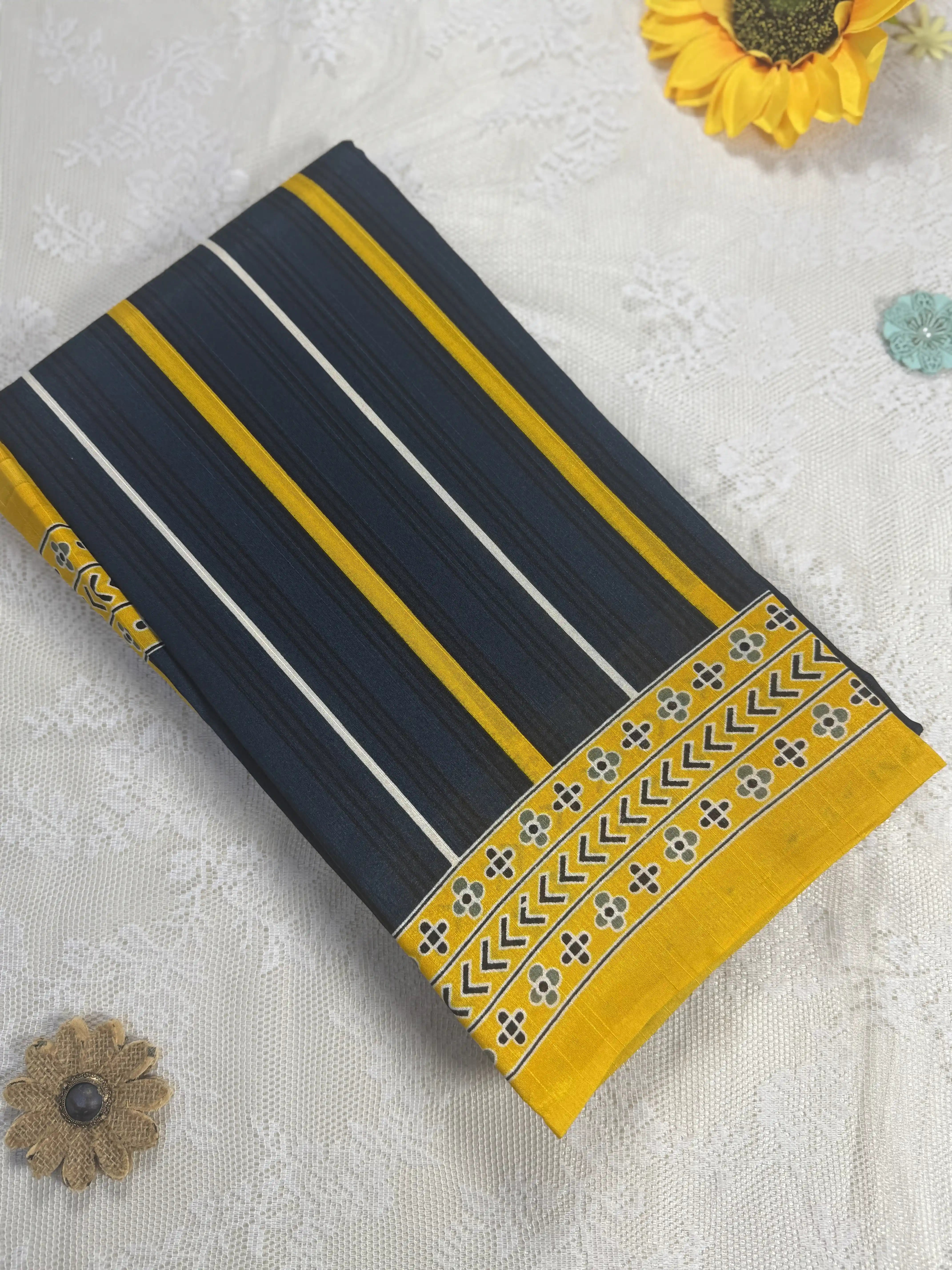 Everyday Tussar Saree: Dark Teal Blue Saree with Black, Yellow and White stripped body and yellow floral border and pallu
