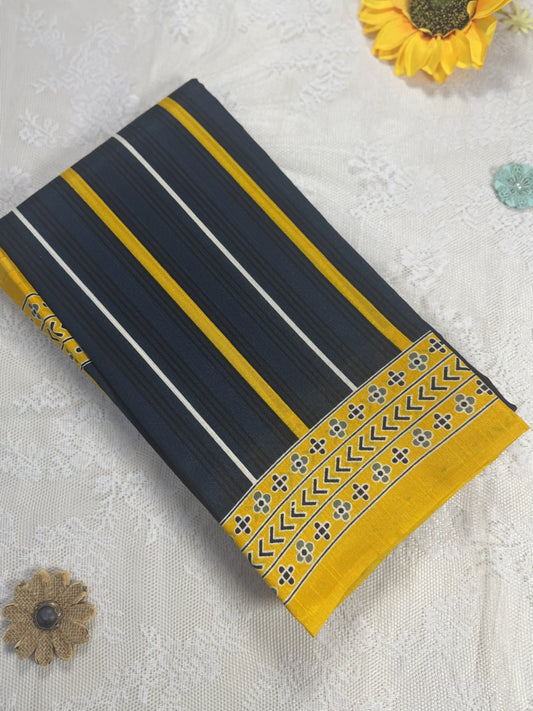 Everyday Tussar Saree: Dark Teal Blue Saree with Black, Yellow and White stripped body and yellow floral border and pallu