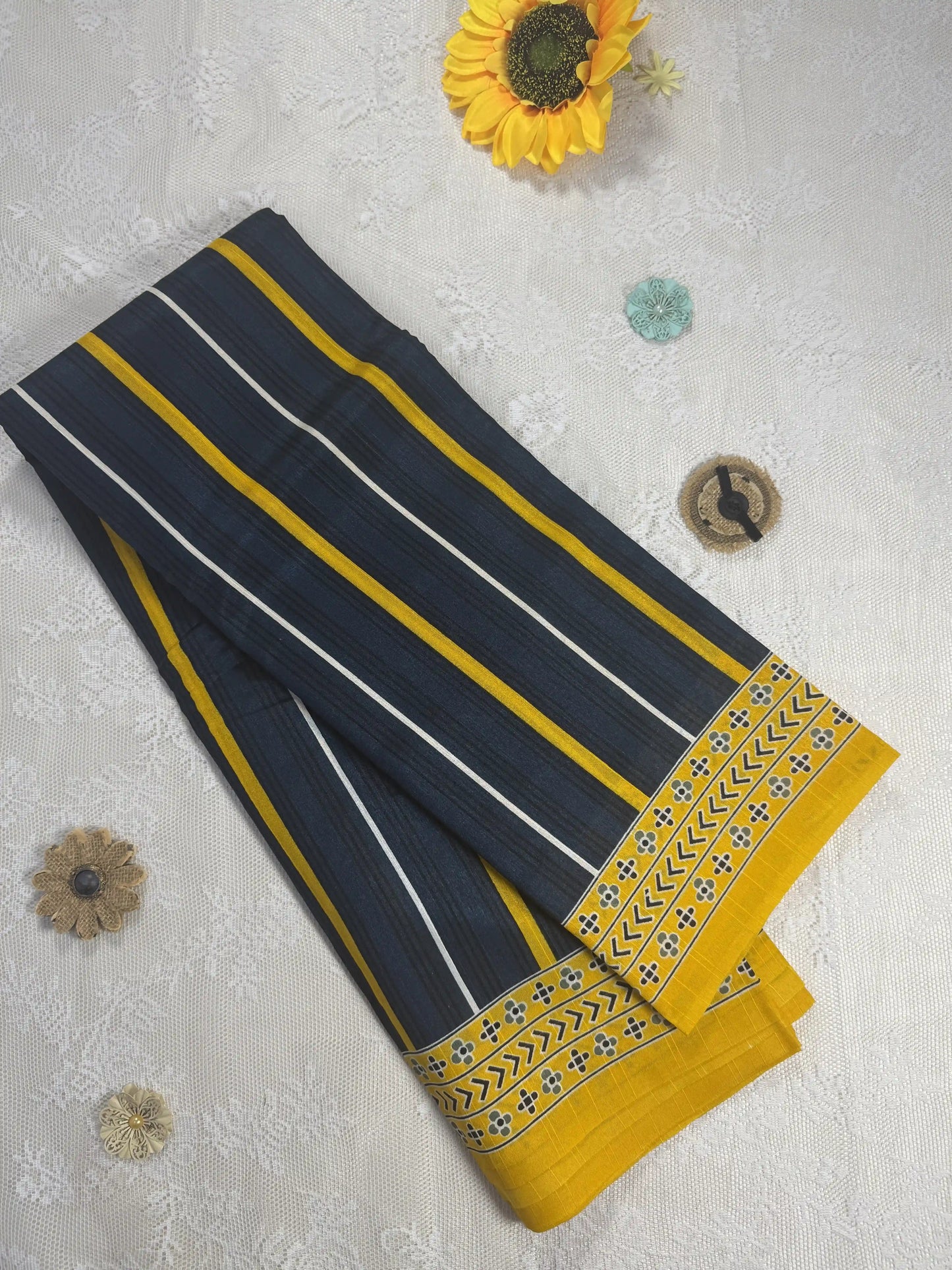 Everyday Tussar Saree: Dark Teal Blue Saree with Black, Yellow and White stripped body and yellow floral border and pallu