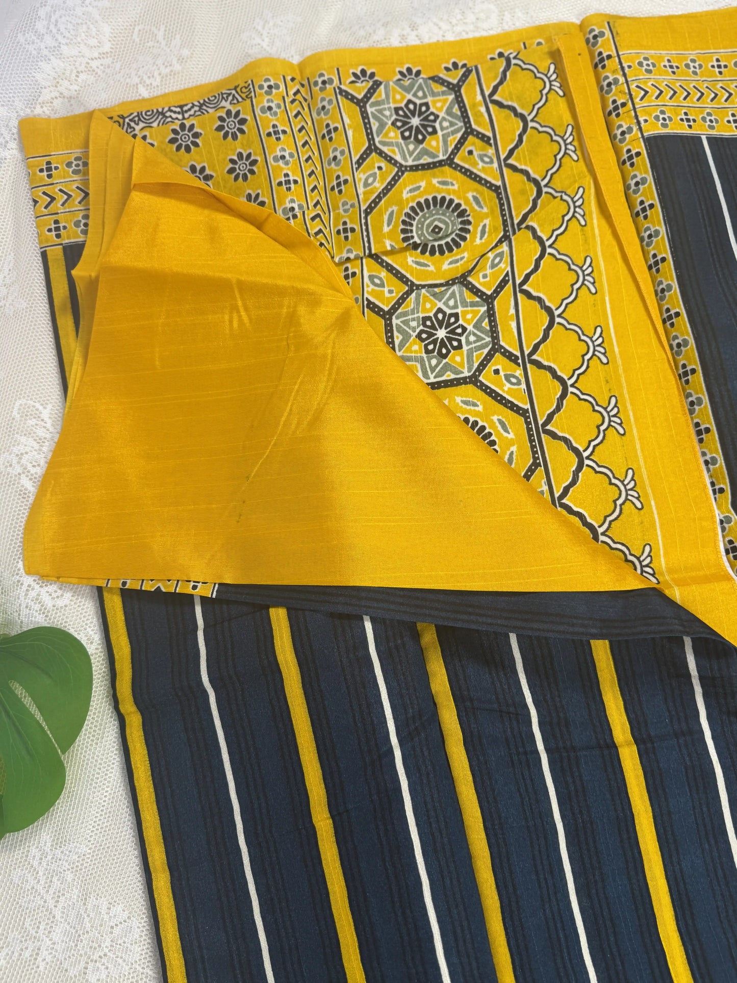 Everyday Tussar Saree: Dark Teal Blue Saree with Black, Yellow and White stripped body and yellow floral border and pallu