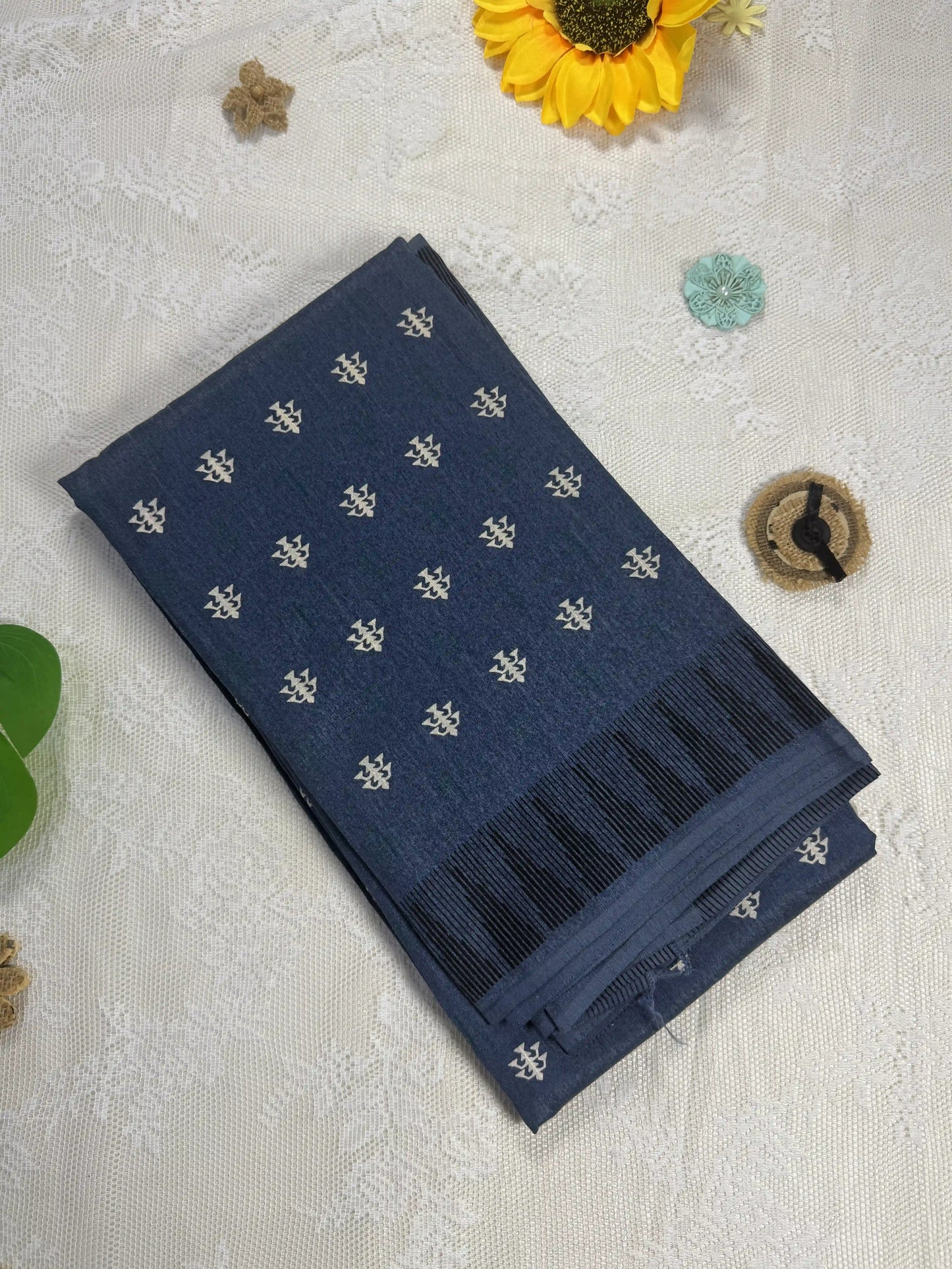 Everyday Tussar Saree: Dark Metallic Grey Saree with White and Green Lamp Motif body and barcode black border