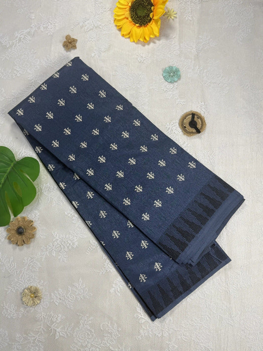 Everyday Tussar Saree: Dark Metallic Grey Saree with White and Green Lamp Motif body and barcode black border