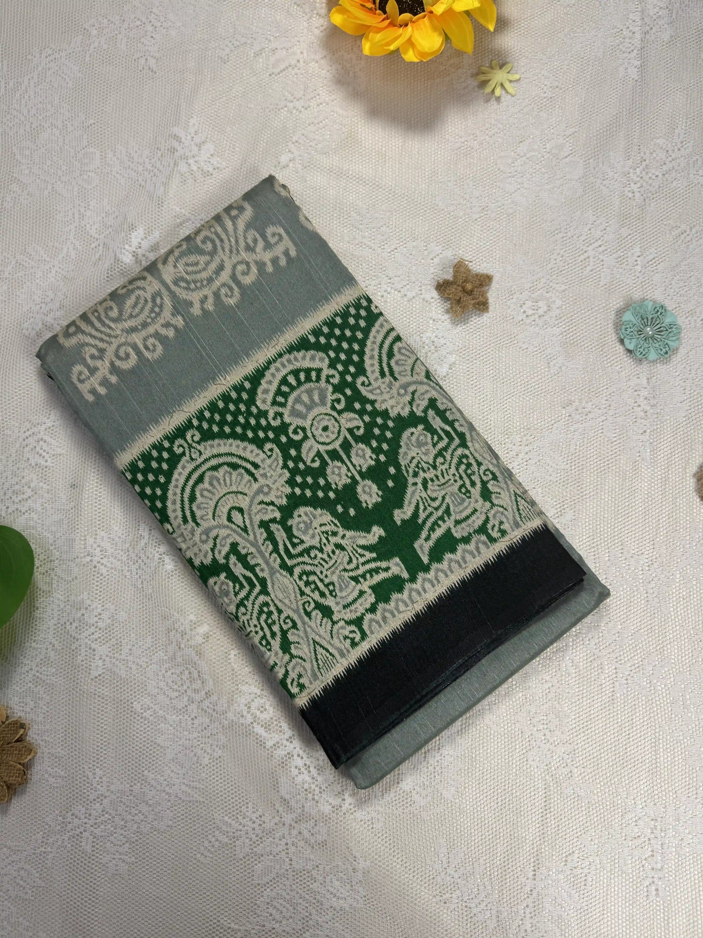 Everyday Tussar Saree: Mint Green Saree with pale beige floral motif body and emarald green floral border and Pallu