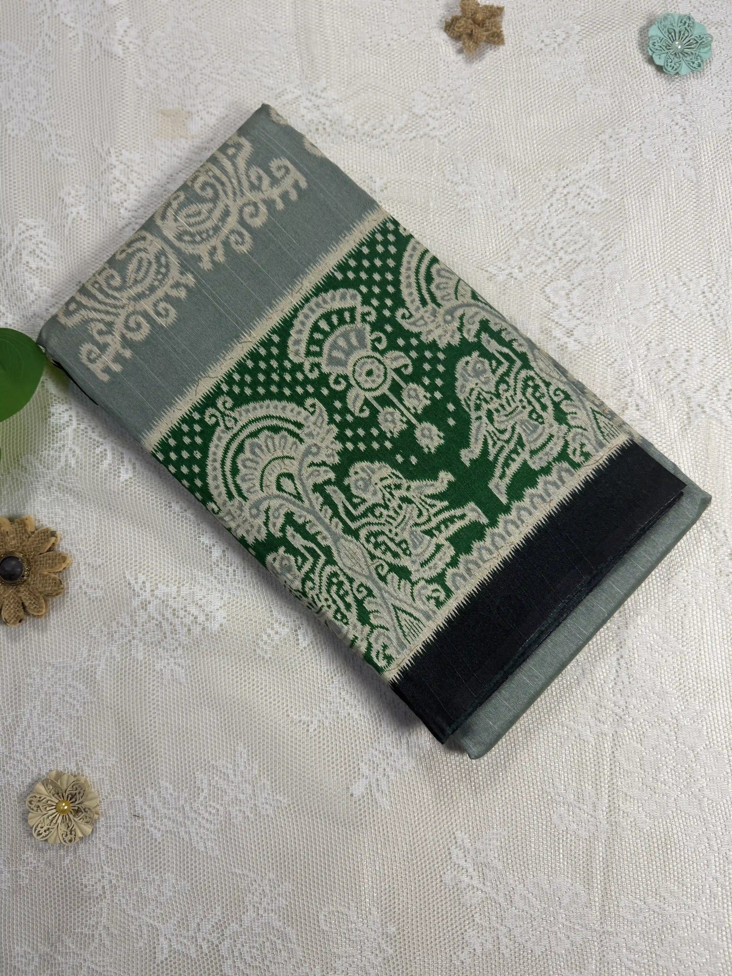 Everyday Tussar Saree: Mint Green Saree with pale beige floral motif body and emarald green floral border and Pallu