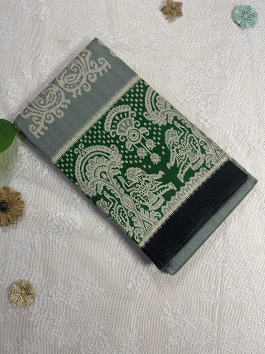 Everyday Tussar Saree: Mint Green Saree with pale beige floral motif body and emarald green floral border and Pallu