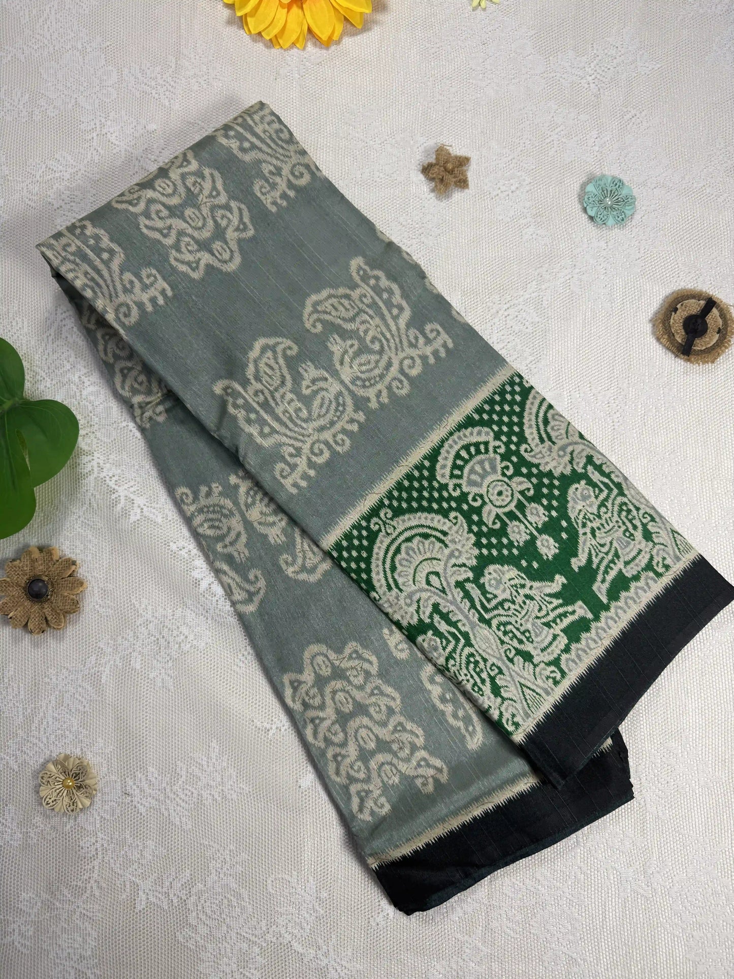 Everyday Tussar Saree: Mint Green Saree with pale beige floral motif body and emarald green floral border and Pallu