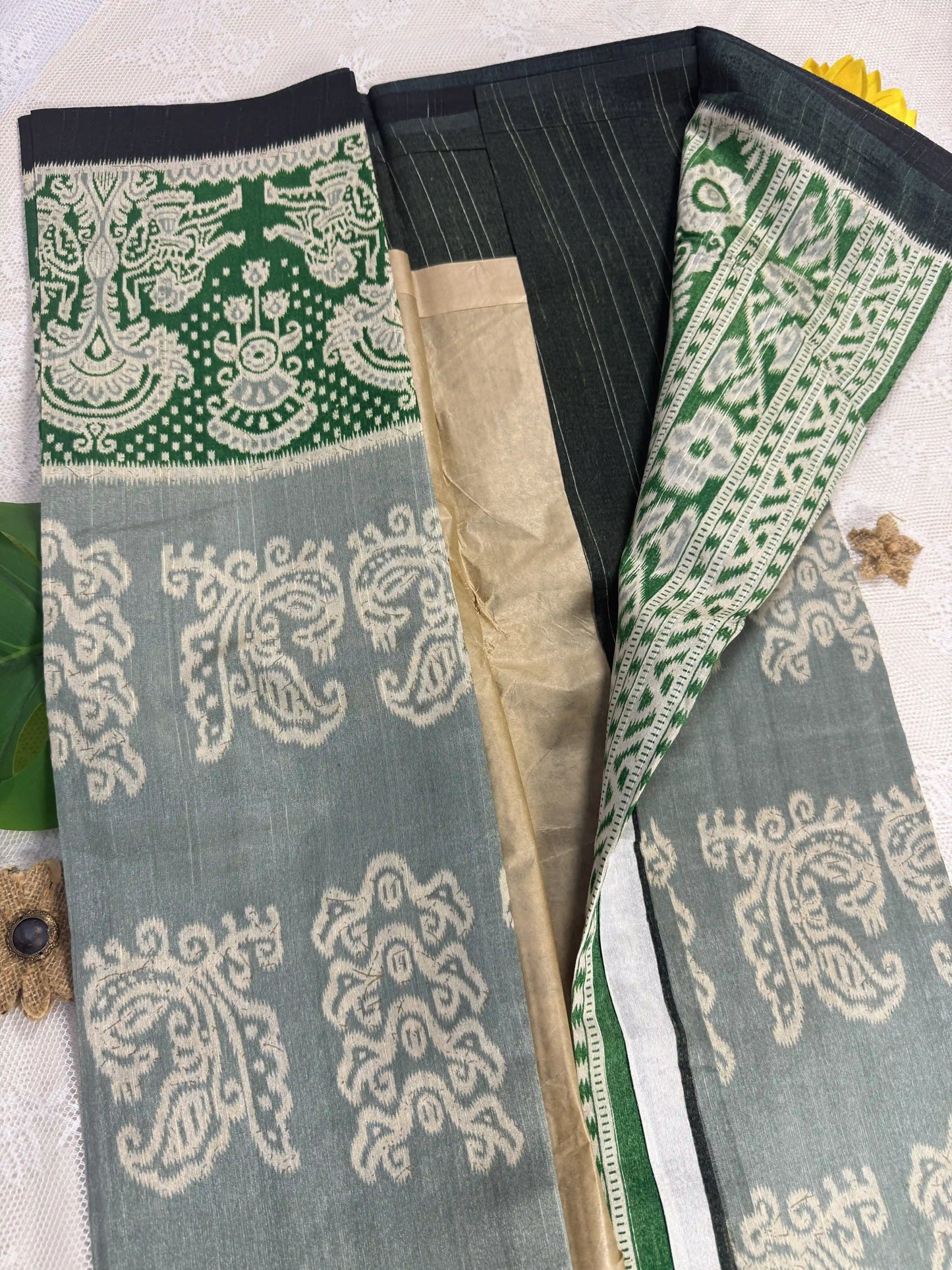 Everyday Tussar Saree: Mint Green Saree with pale beige floral motif body and emarald green floral border and Pallu