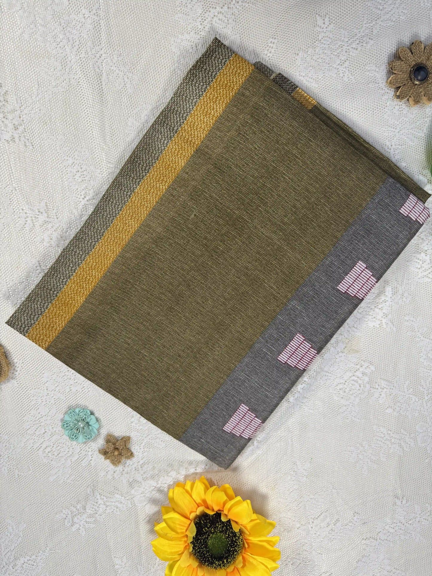 Everyday Tussar Saree: Grey, Yellow and Khaki Green saree with White and Red Temple motif and yellow line border with geometric pattern pallu