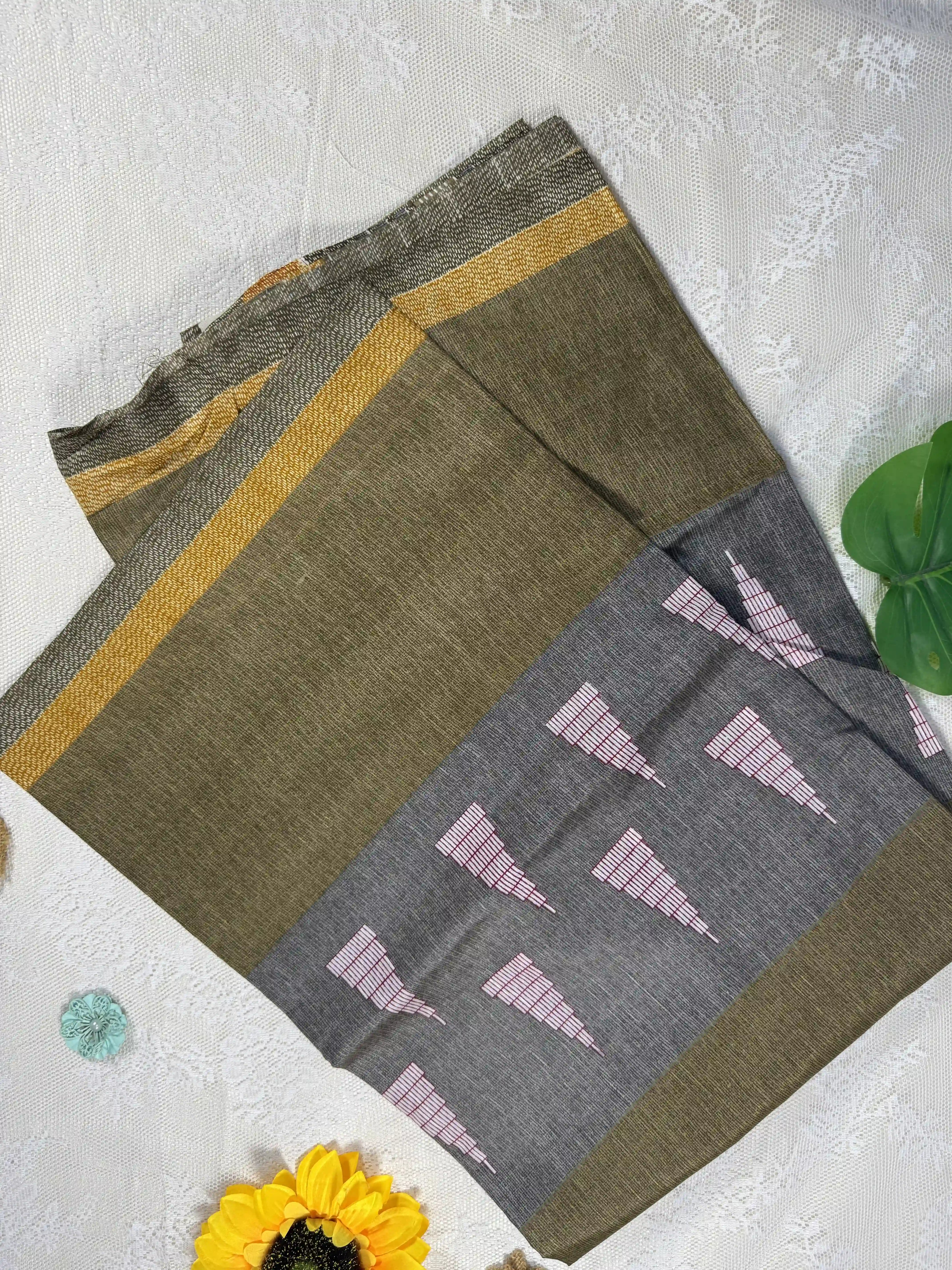Everyday Tussar Saree: Grey, Yellow and Khaki Green saree with White and Red Temple motif and yellow line border with geometric pattern pallu