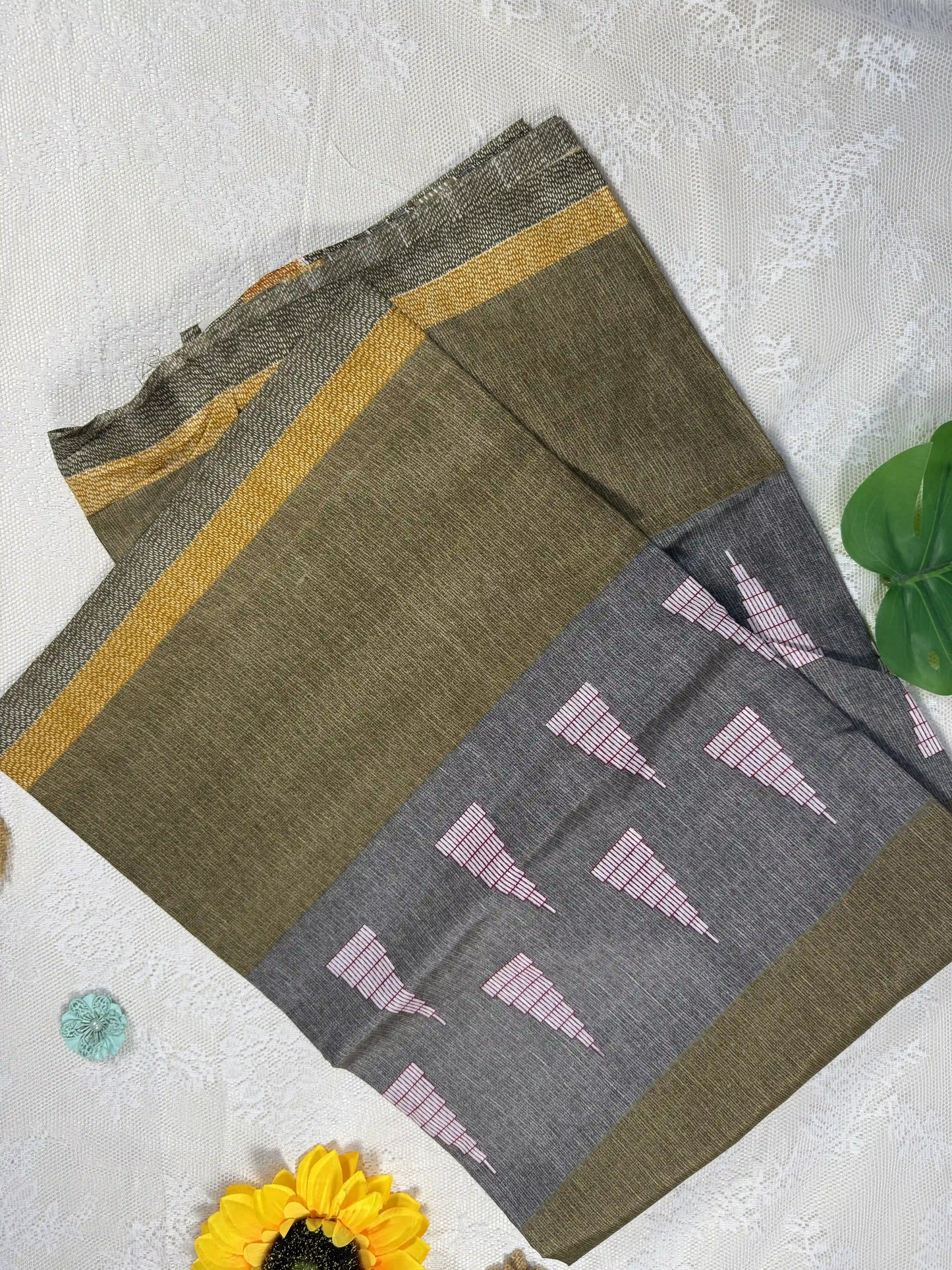 Everyday Tussar Saree: Grey, Yellow and Khaki Green saree with White and Red Temple motif and yellow line border with geometric pattern pallu