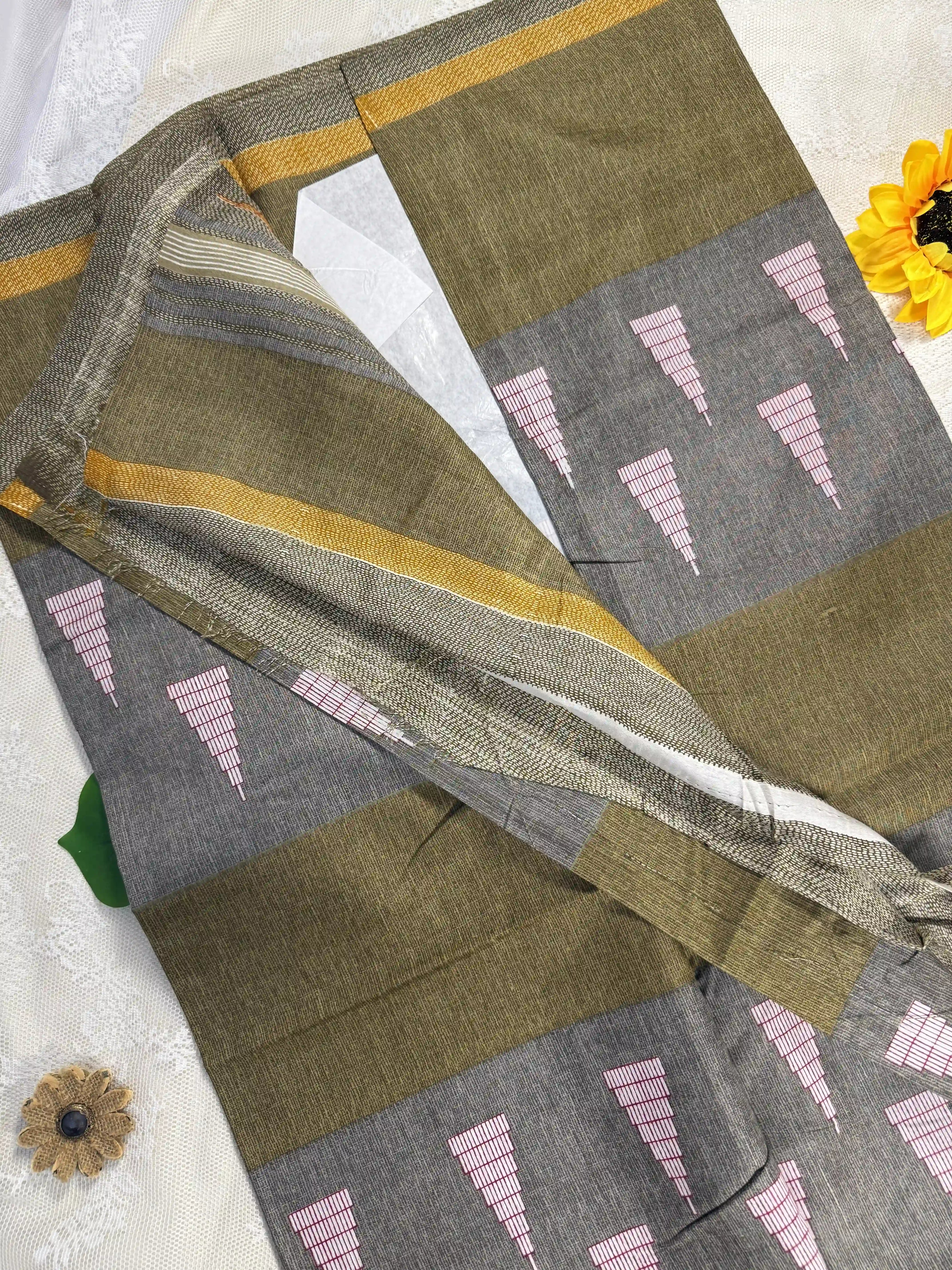 Everyday Tussar Saree: Grey, Yellow and Khaki Green saree with White and Red Temple motif and yellow line border with geometric pattern pallu