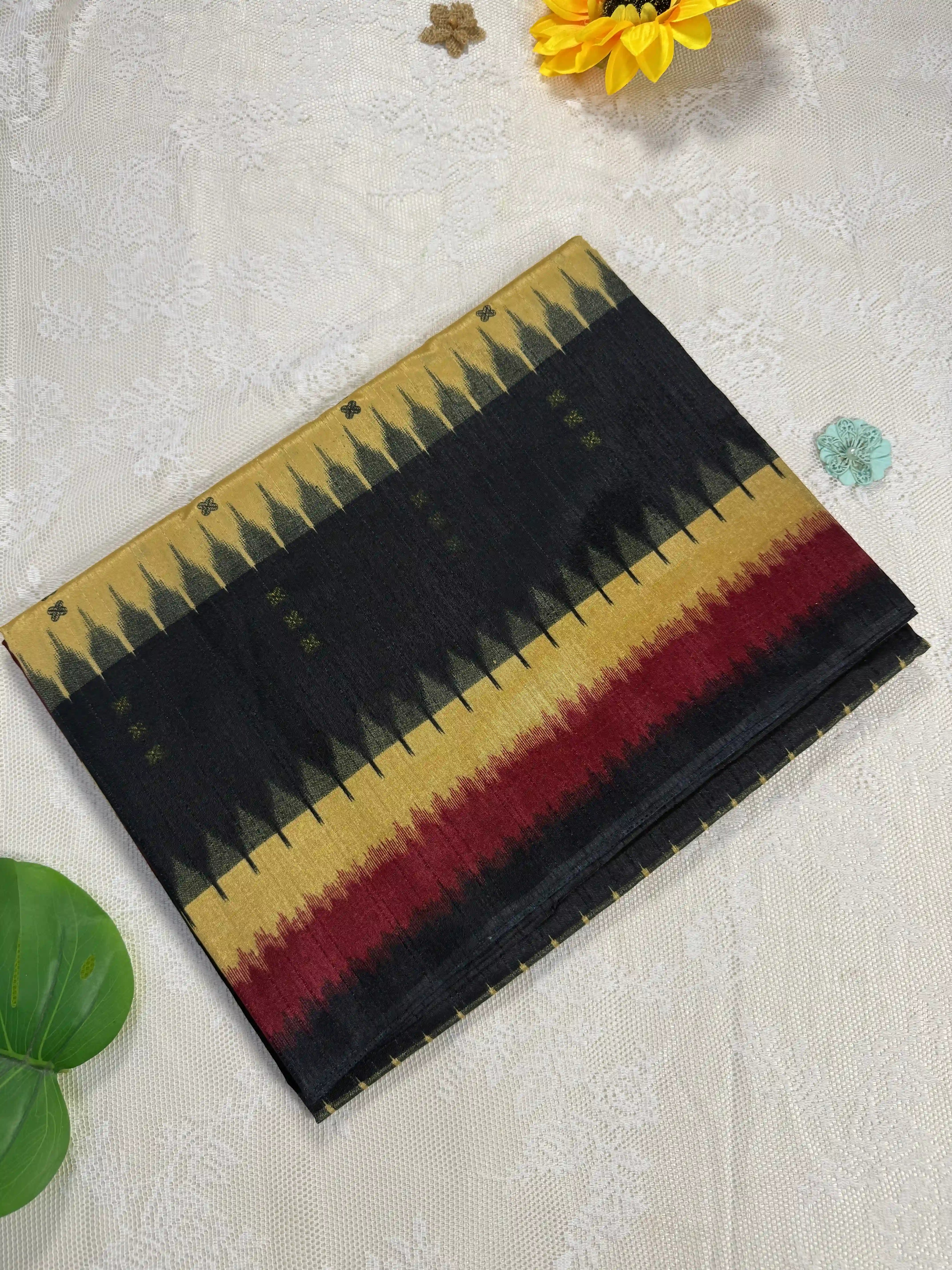 Everyday Tussar Saree: Black, Yellow and Red geometric pattern saree with black and gold temple design pallu