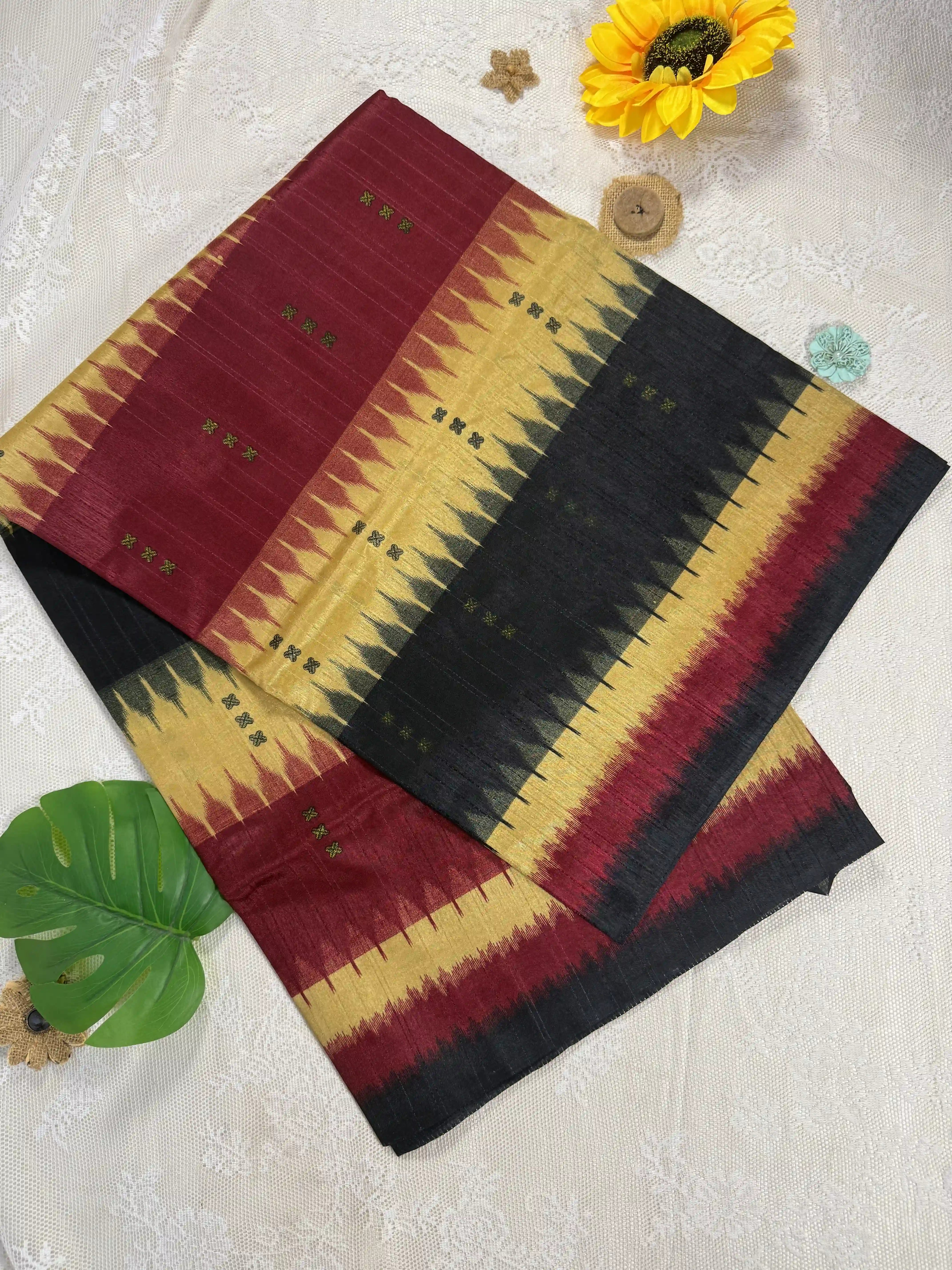 Everyday Tussar Saree: Black, Yellow and Red geometric pattern saree with black and gold temple design pallu
