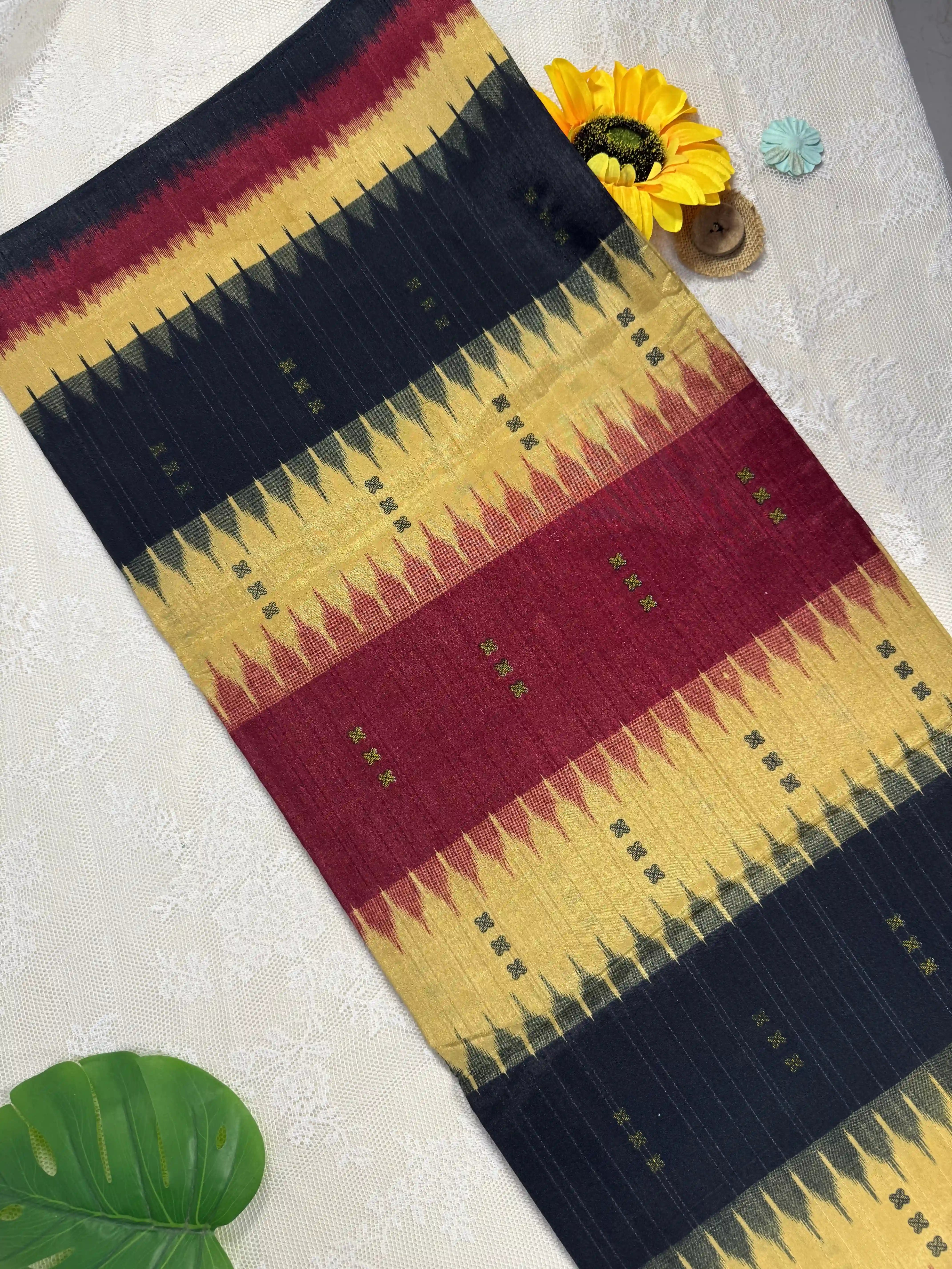 Everyday Tussar Saree: Black, Yellow and Red geometric pattern saree with black and gold temple design pallu
