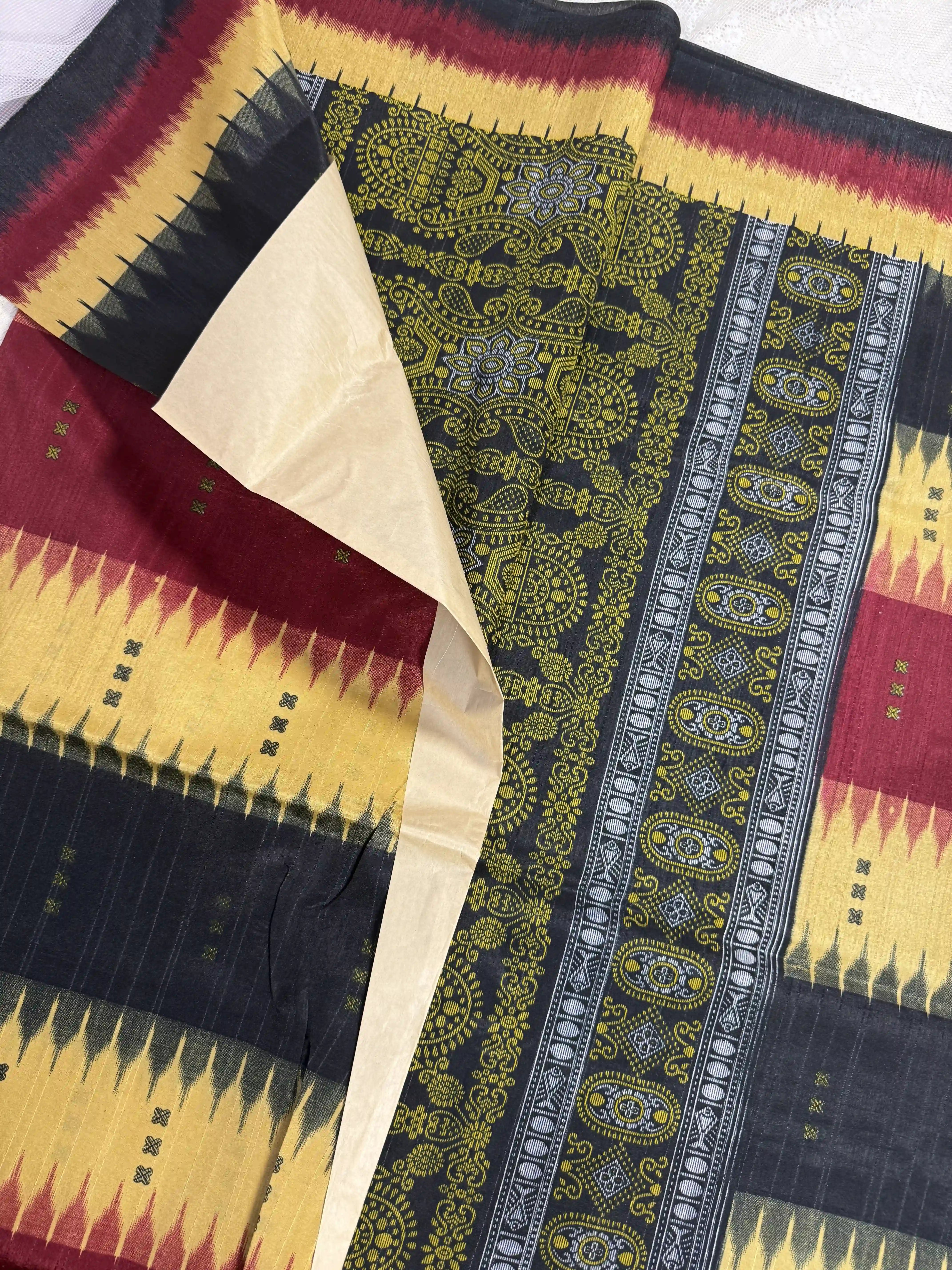 Everyday Tussar Saree: Black, Yellow and Red geometric pattern saree with black and gold temple design pallu