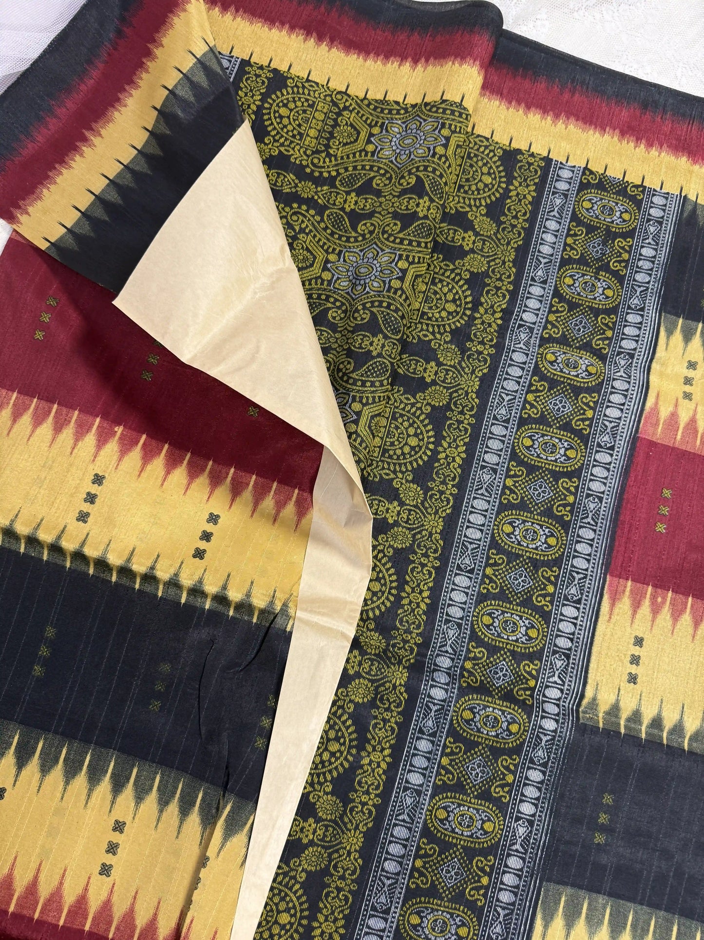 Everyday Tussar Saree: Black, Yellow and Red geometric pattern saree with black and gold temple design pallu