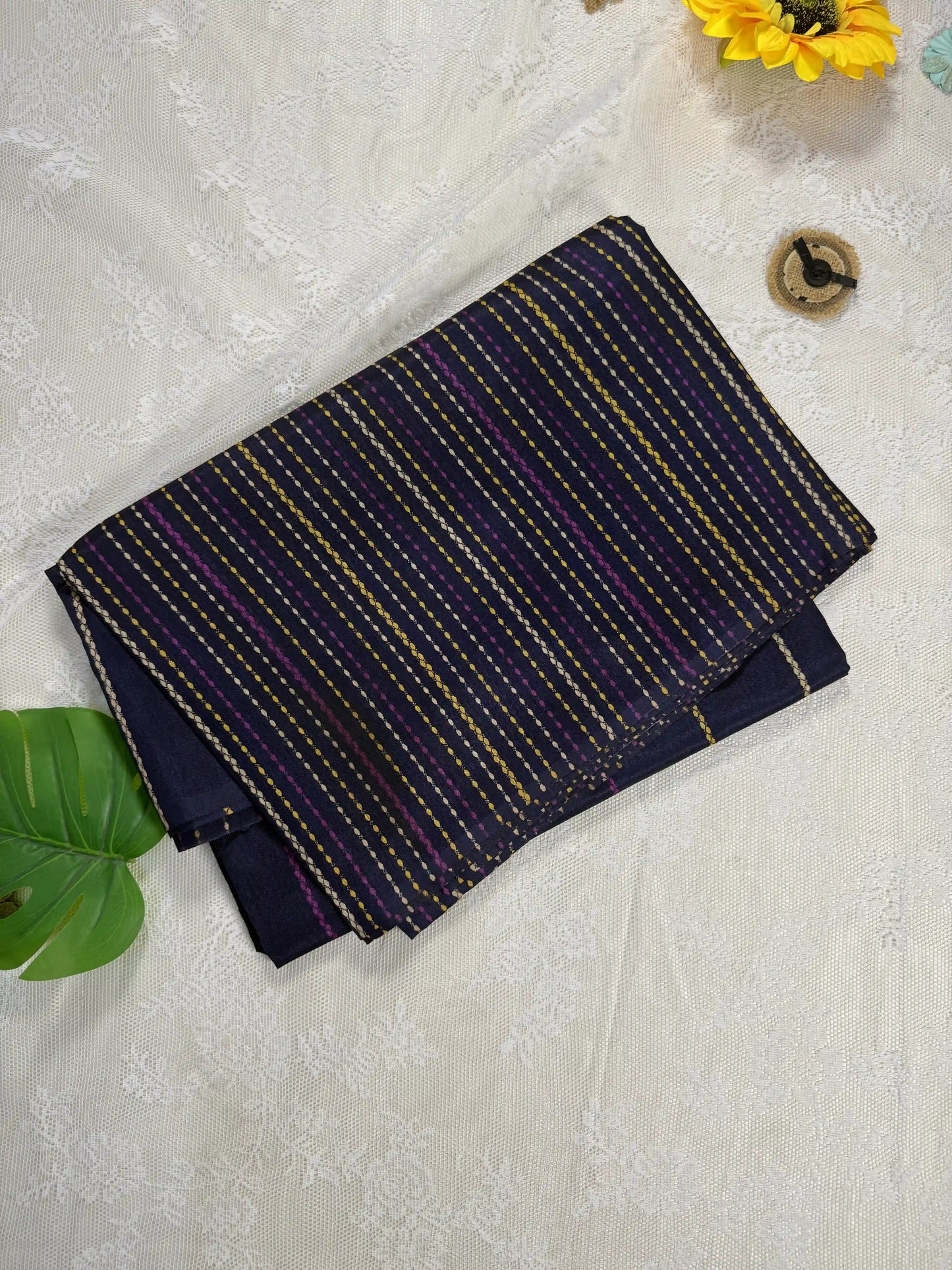 Everyday Tussar Saree: Navy Blue Saree with Pink, Yellow and white Kanta stripes design body, border and pallu