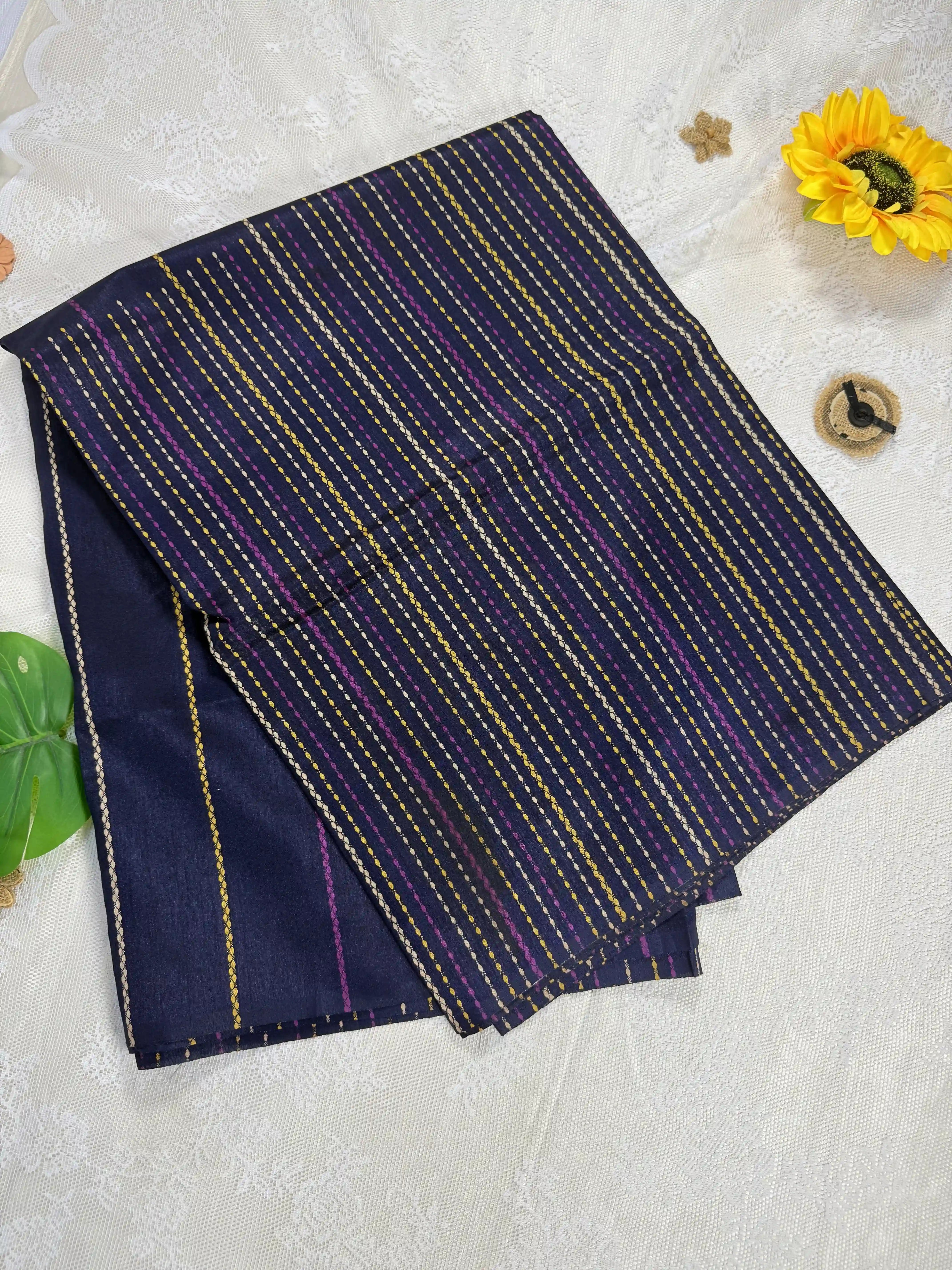 Everyday Tussar Saree: Navy Blue Saree with Pink, Yellow and white Kanta stripes design body, border and pallu