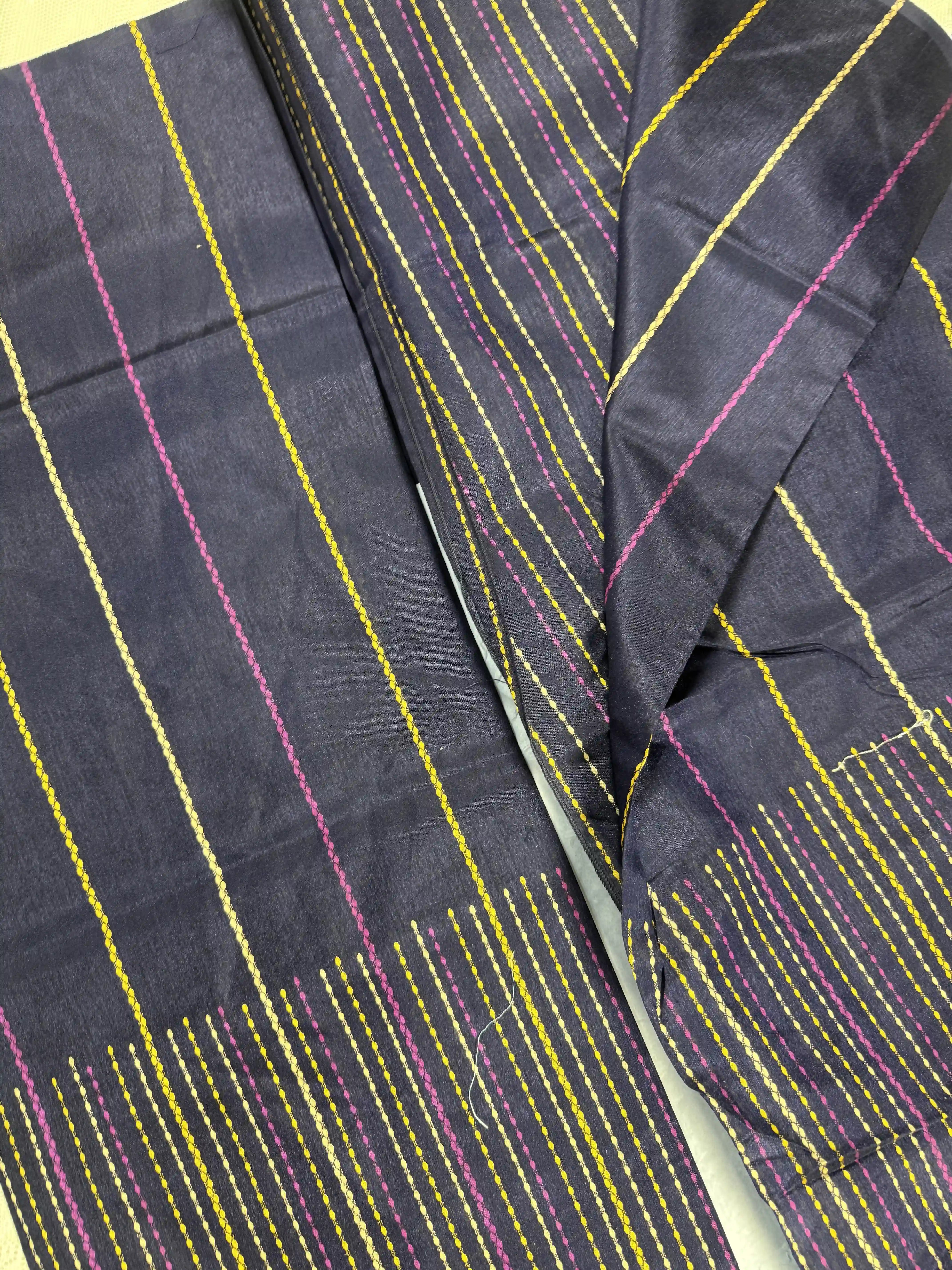 Everyday Tussar Saree: Navy Blue Saree with Pink, Yellow and white Kanta stripes design body, border and pallu