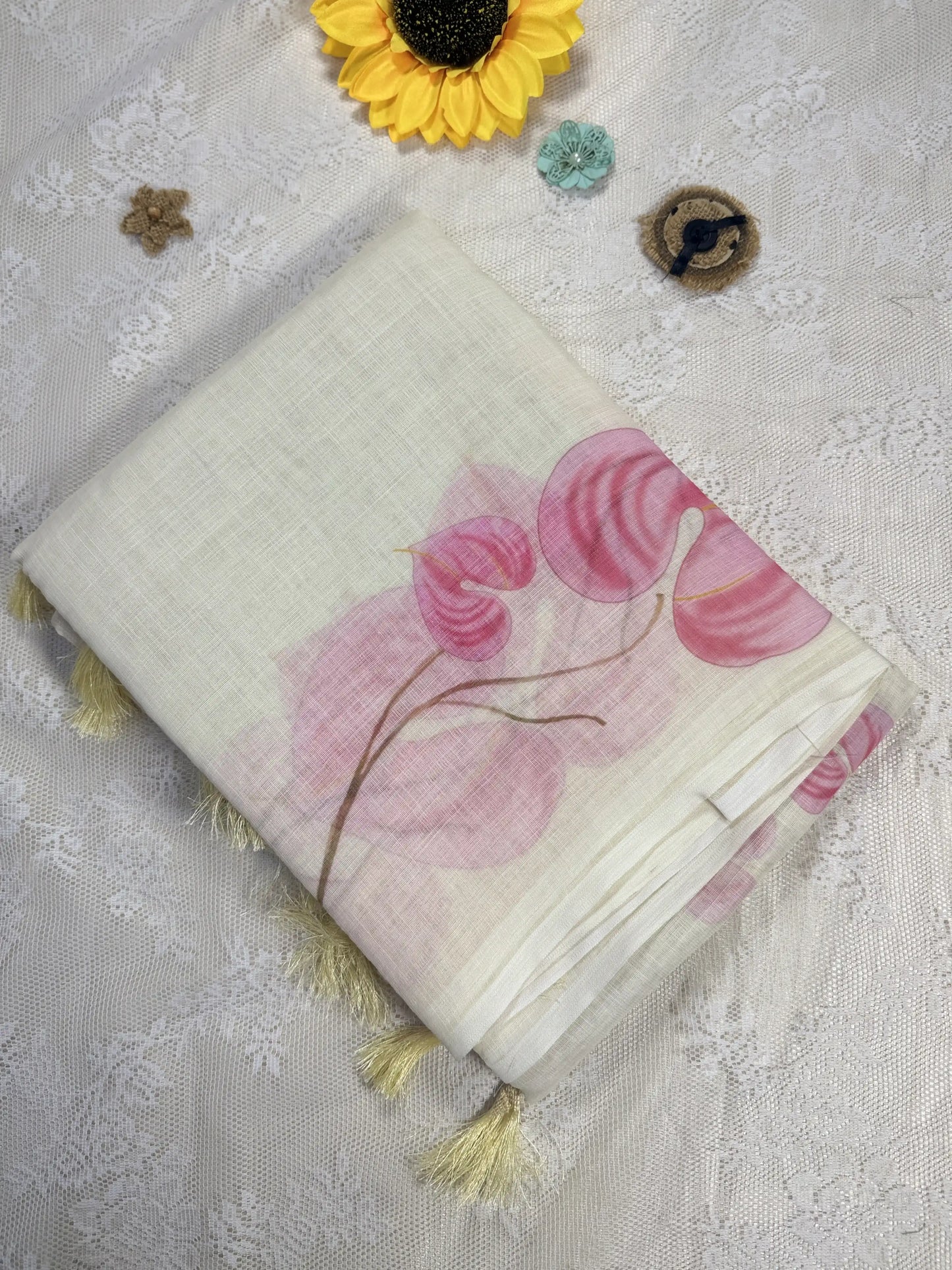 White Linen Cotton Saree with Rose Floral print