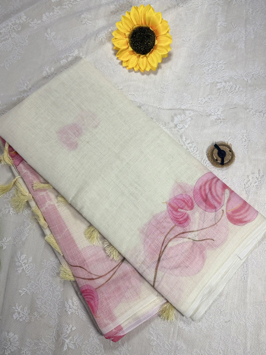 White Linen Cotton Saree with Floral print