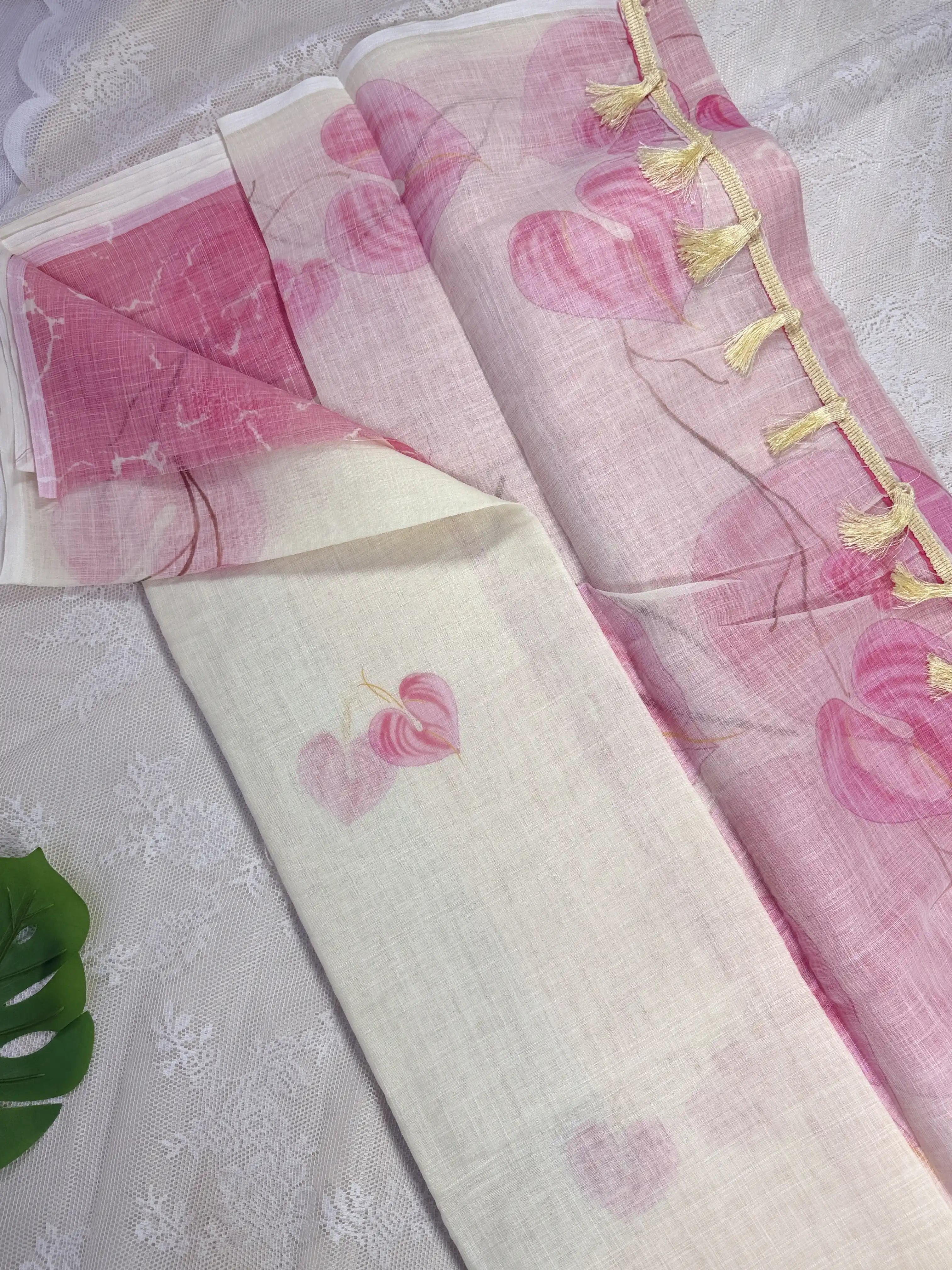 White Linen Cotton Saree with Rose Floral print