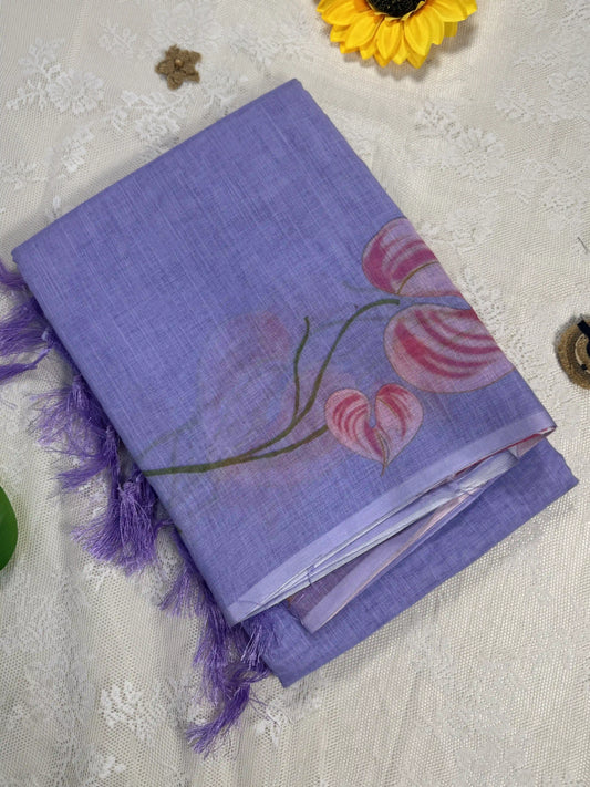 Lavendar Linen Cotton Saree with Floral print
