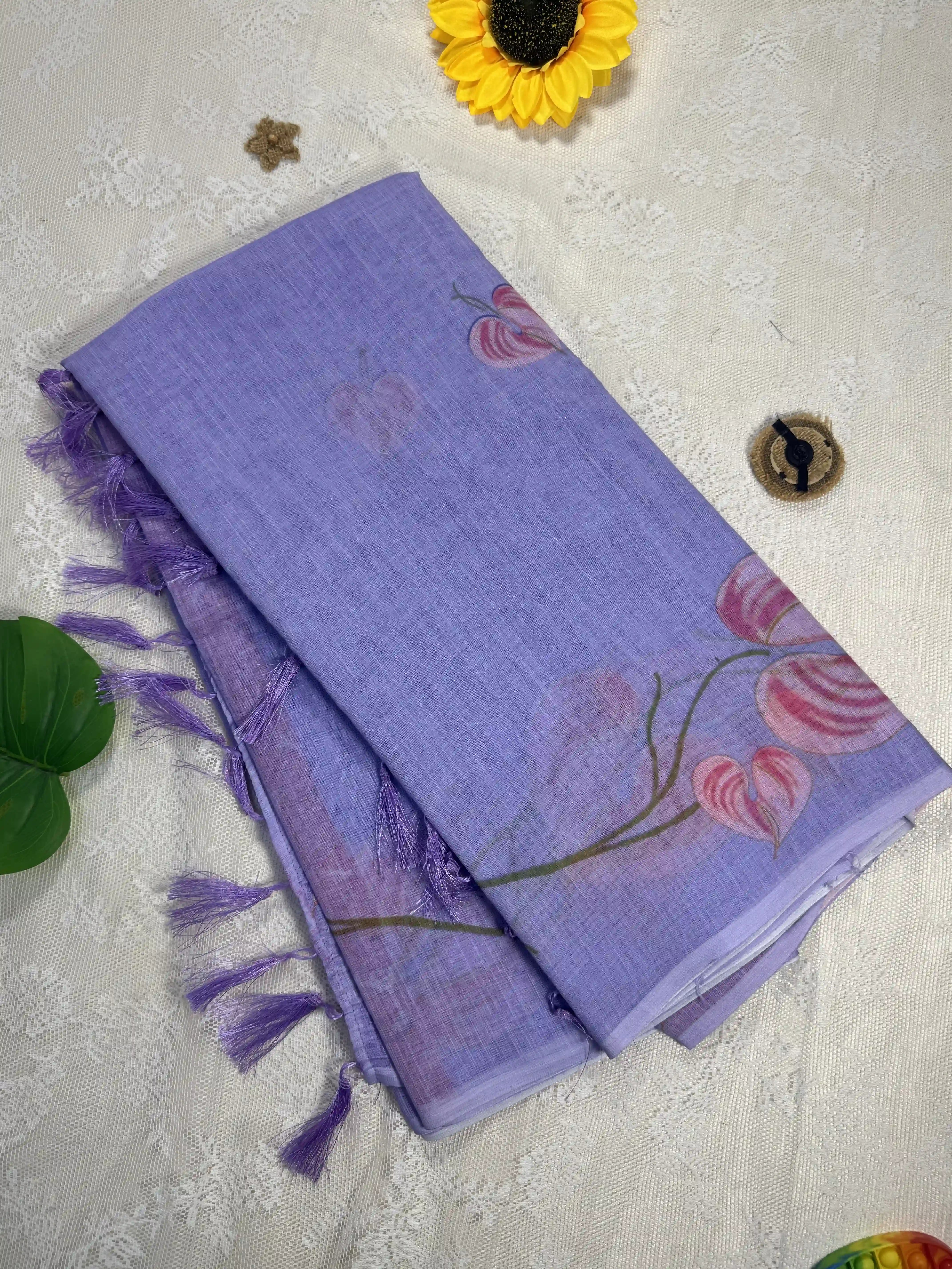 Lavendar Linen Cotton Saree with Floral print