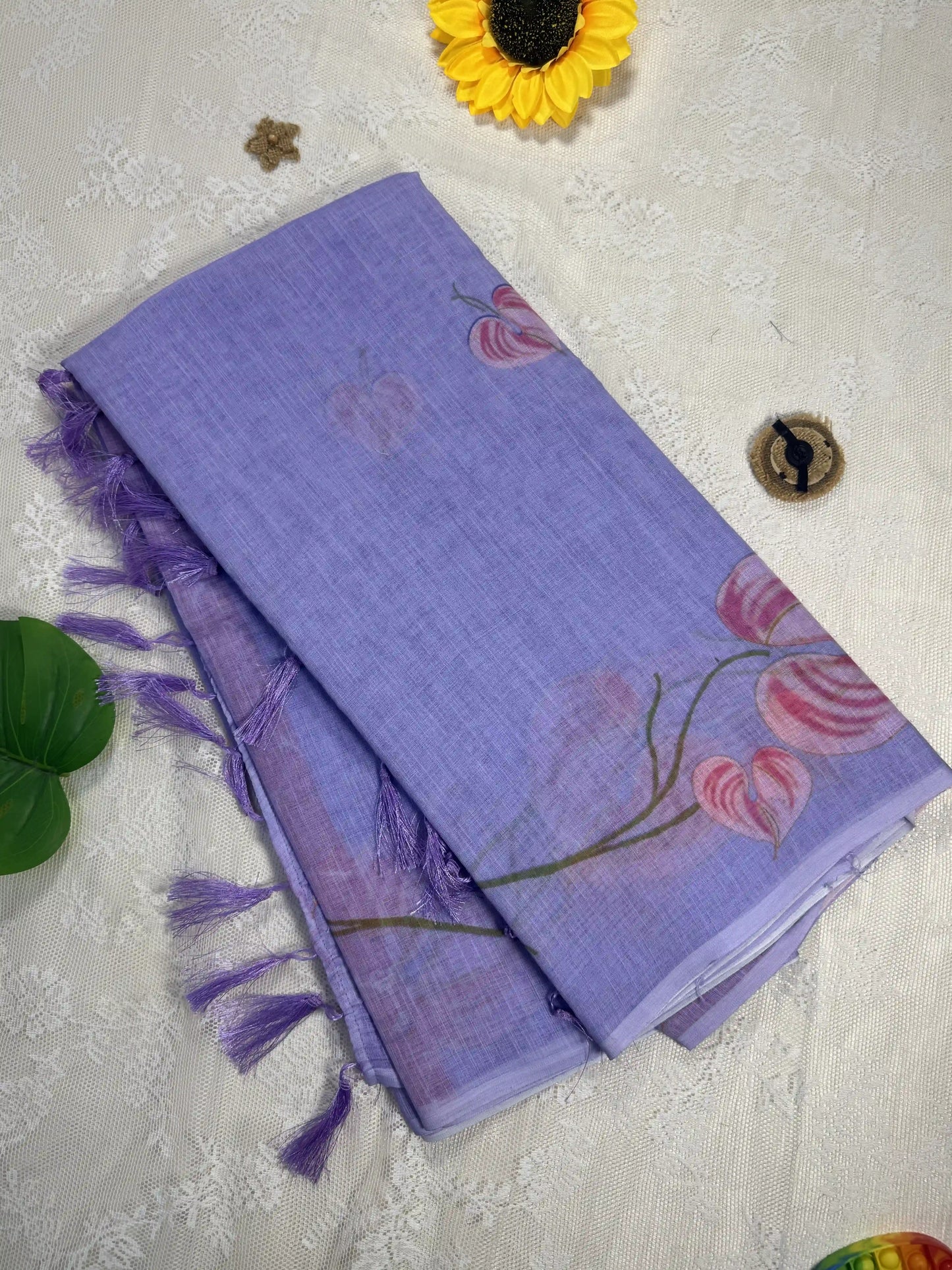 Lavendar Linen Cotton Saree with Floral print