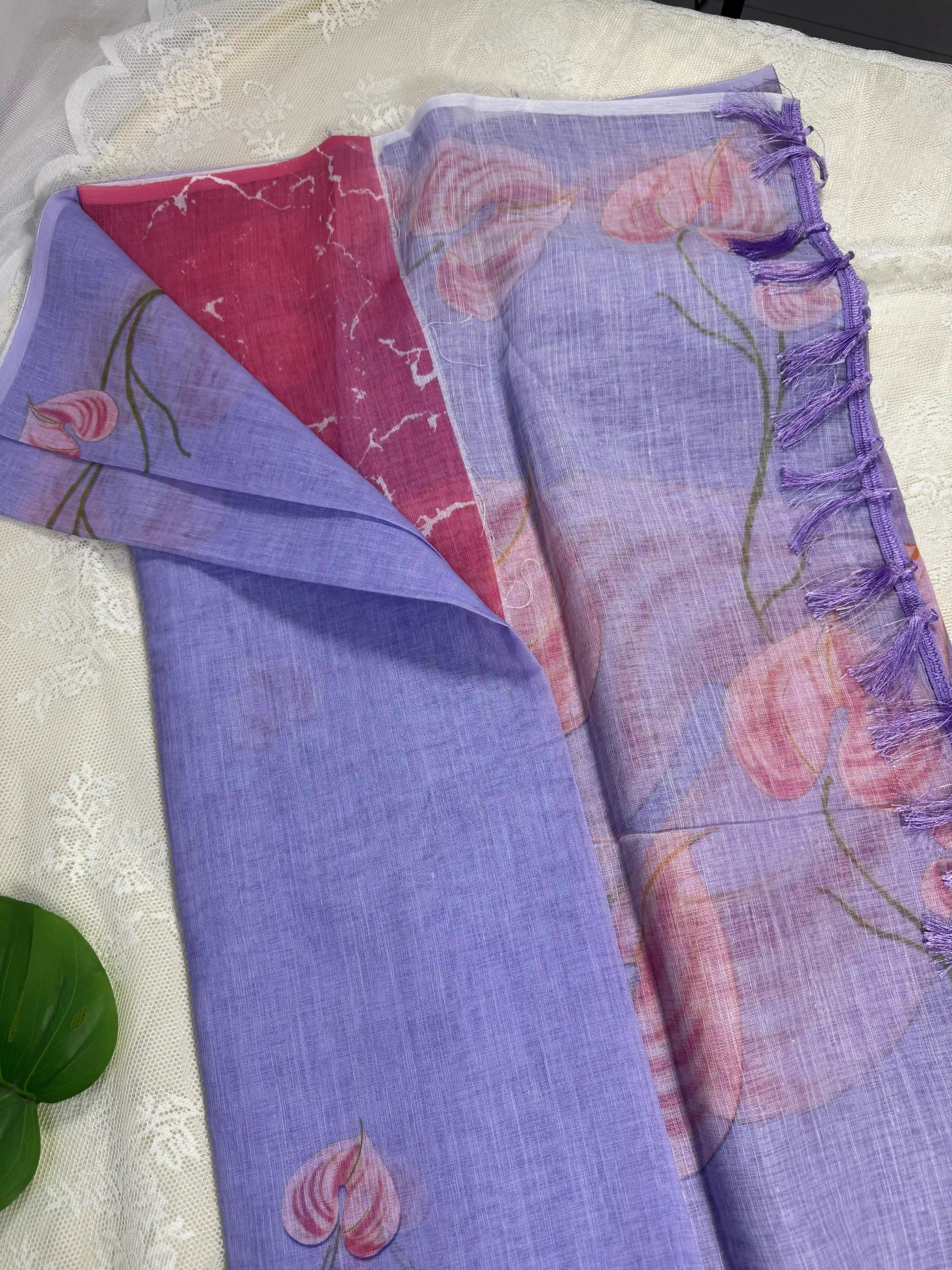Lavendar Linen Cotton Saree with Floral print
