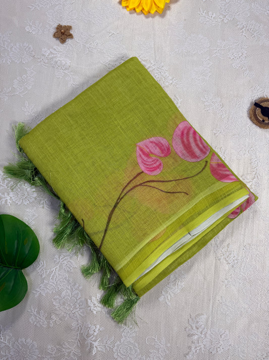 Green Linen Cotton Saree with Floral print