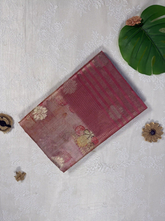 Pale Orange Cotton Silk Saree with Gold Butta Body and Floral Motifs with Rose Red and Gold Stripped Border and Pallu