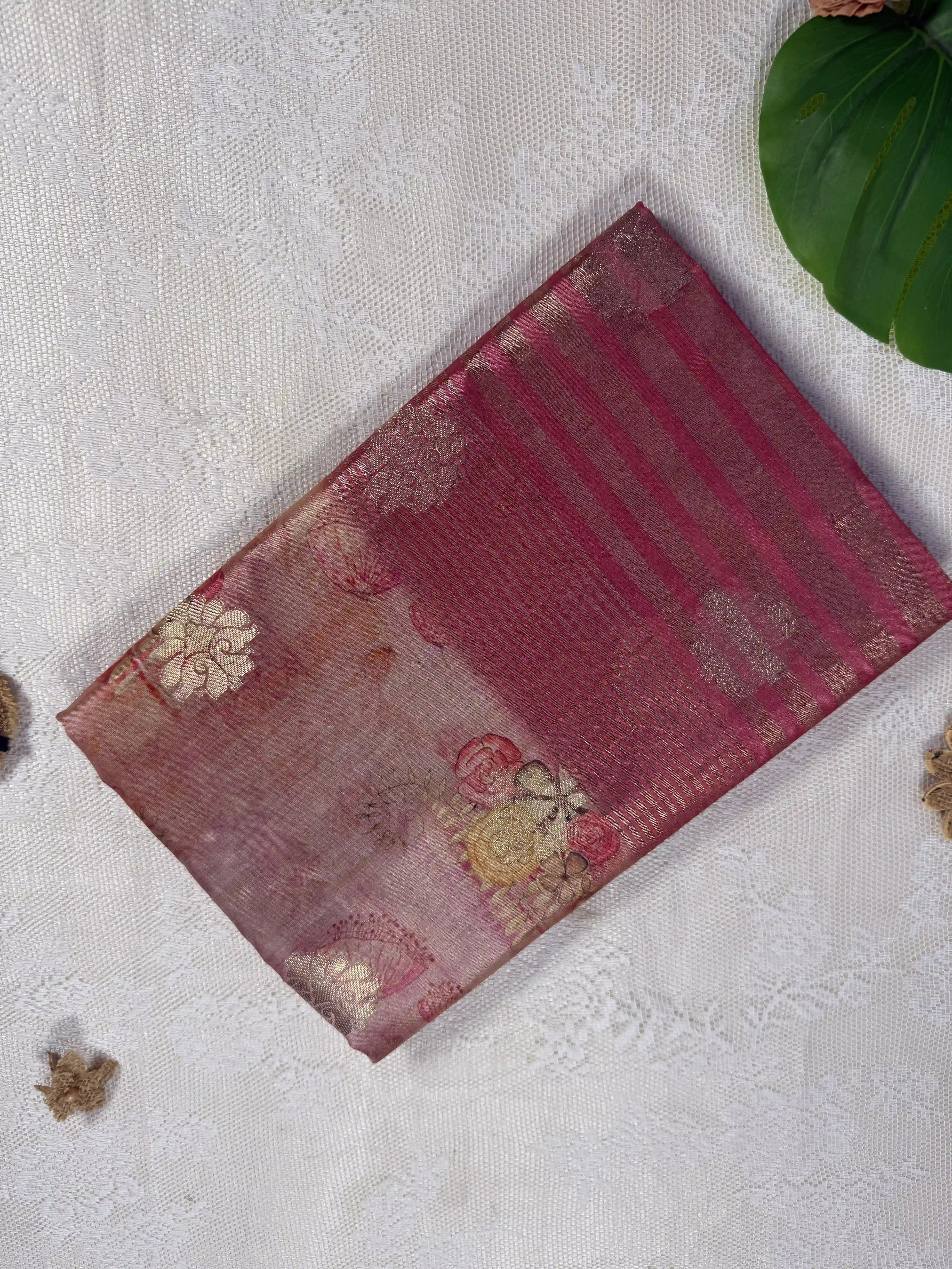 Pale Orange Cotton Silk Saree with Gold Butta Body and Floral Motifs with Rose Red and Gold Stripped Border and Pallu