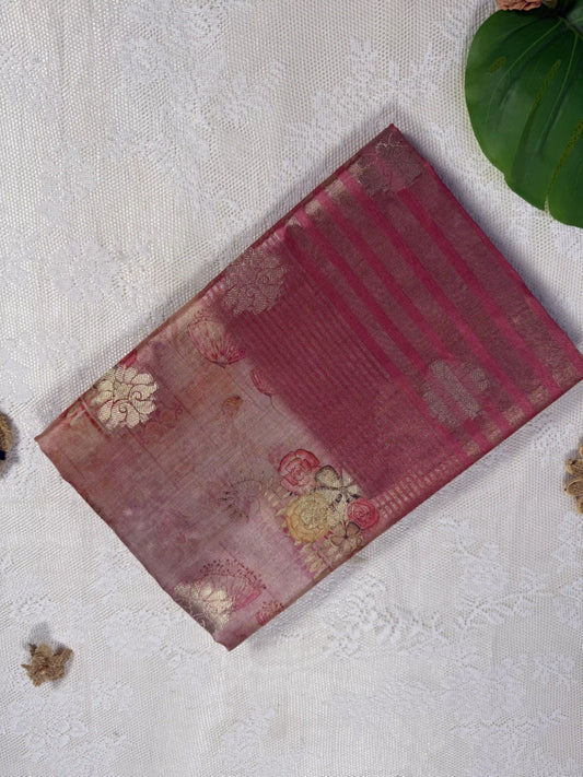 Pale Orange Cotton Silk Saree with Gold Butta Body and Floral Motifs with Rose Red and Gold Stripped Border and Pallu