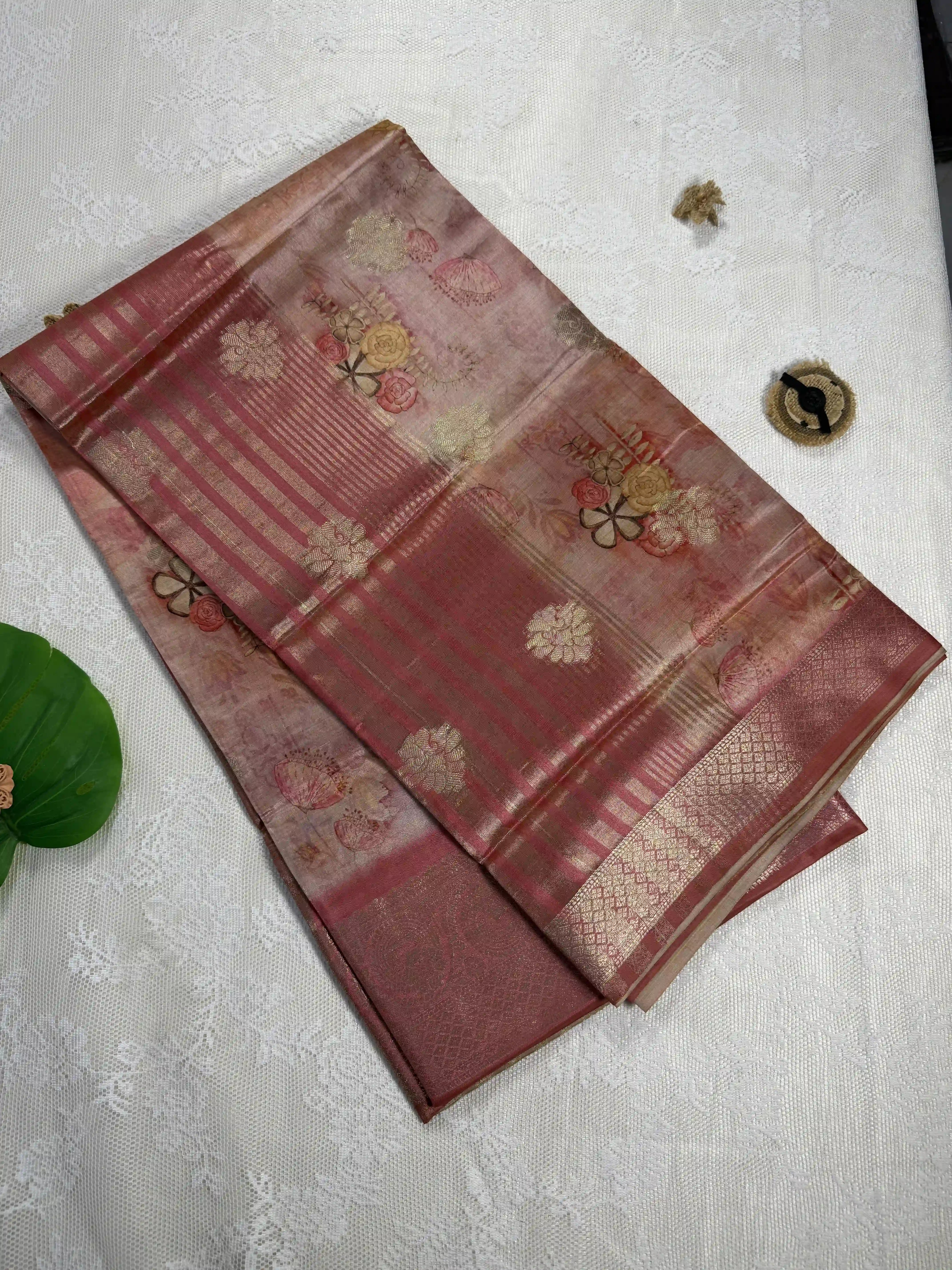 Pale Orange Cotton Silk Saree with Gold Butta Body and Floral Motifs with Rose Red and Gold Stripped Border and Pallu