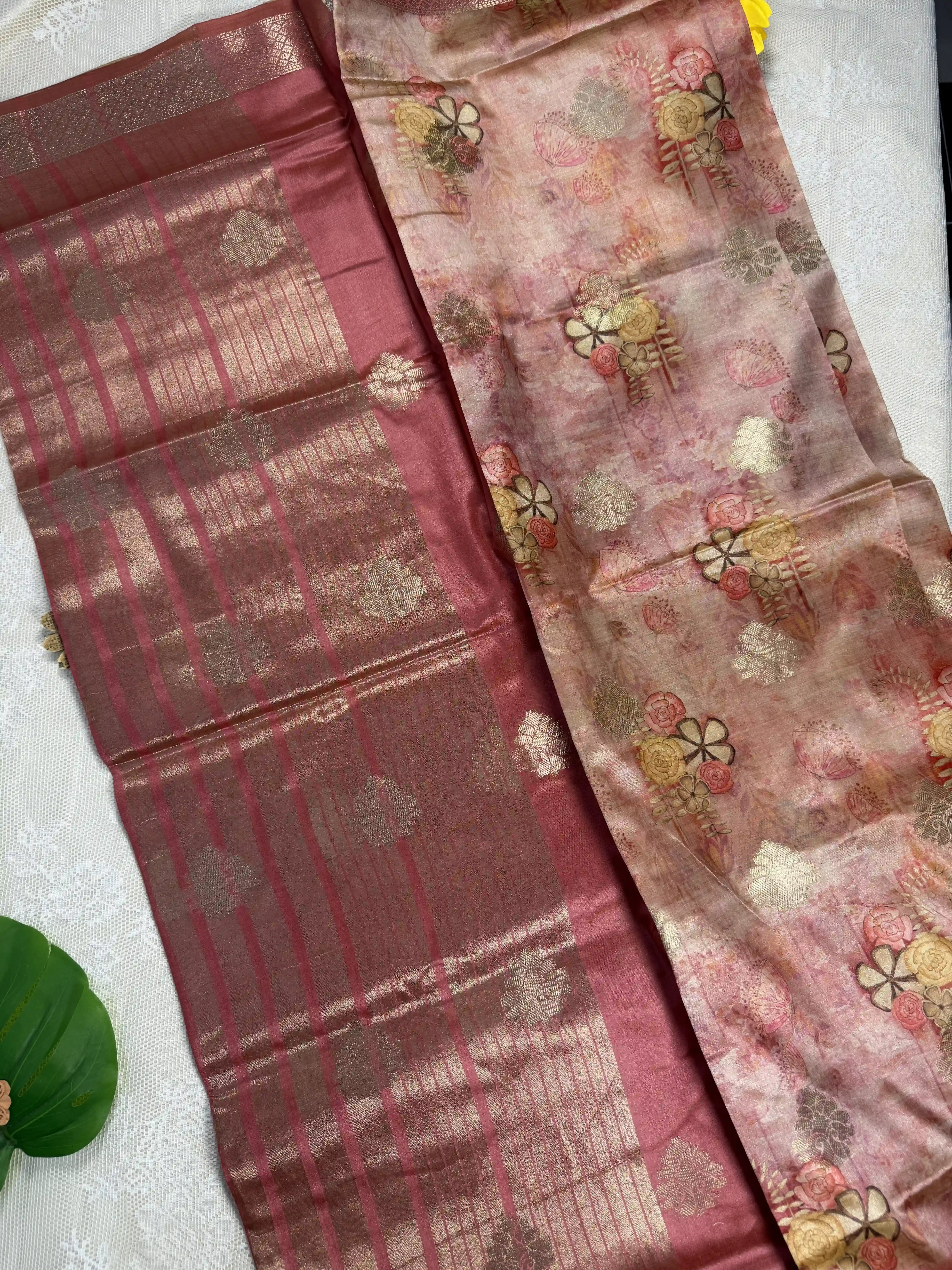 Pale Orange Cotton Silk Saree with Gold Butta Body and Floral Motifs with Rose Red and Gold Stripped Border and Pallu