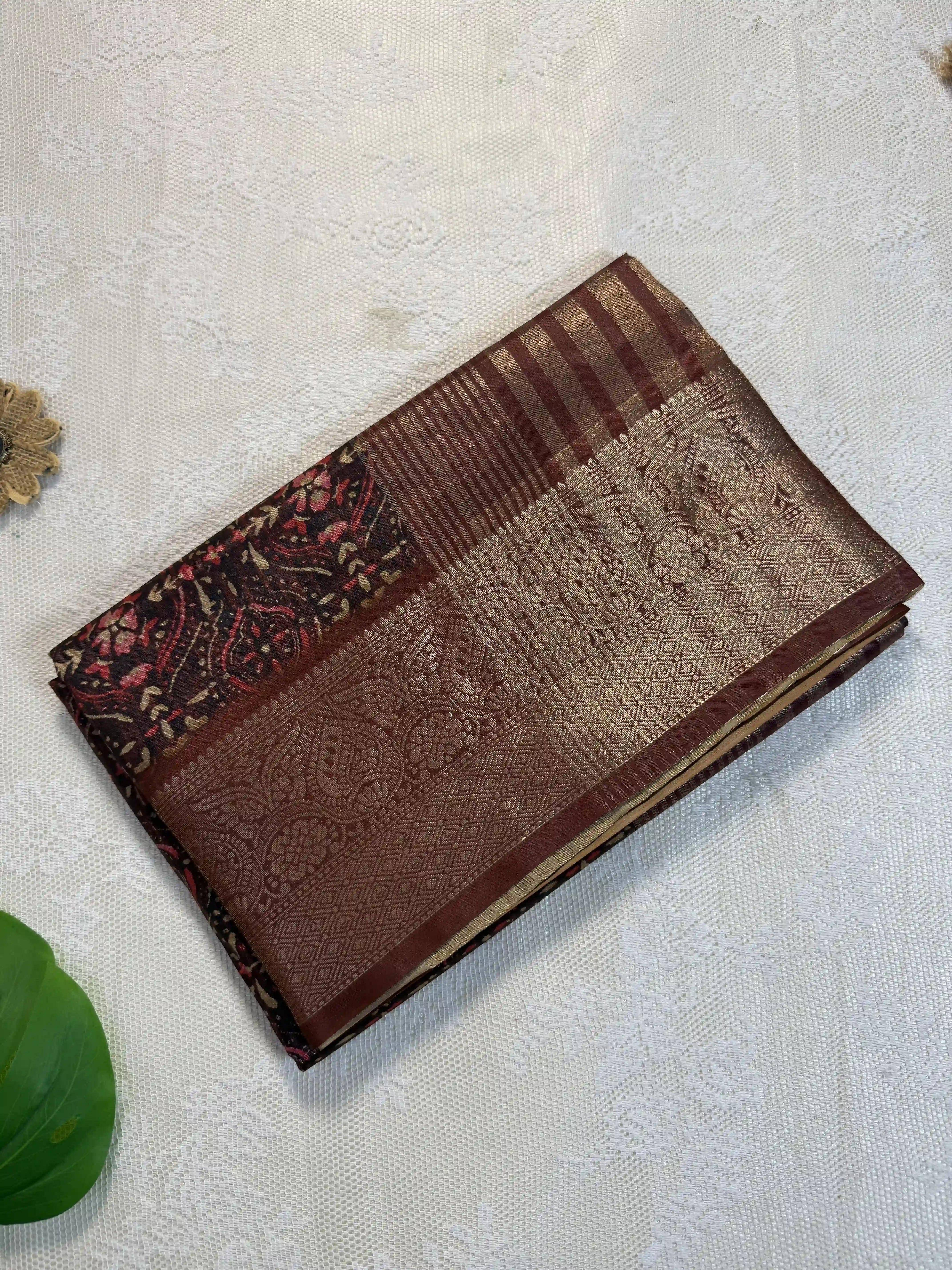 Mehendi Red Cotton Silk Saree with Gold Butta Body and Floral Motifs with Red and Gold Stripped Border and Pallu