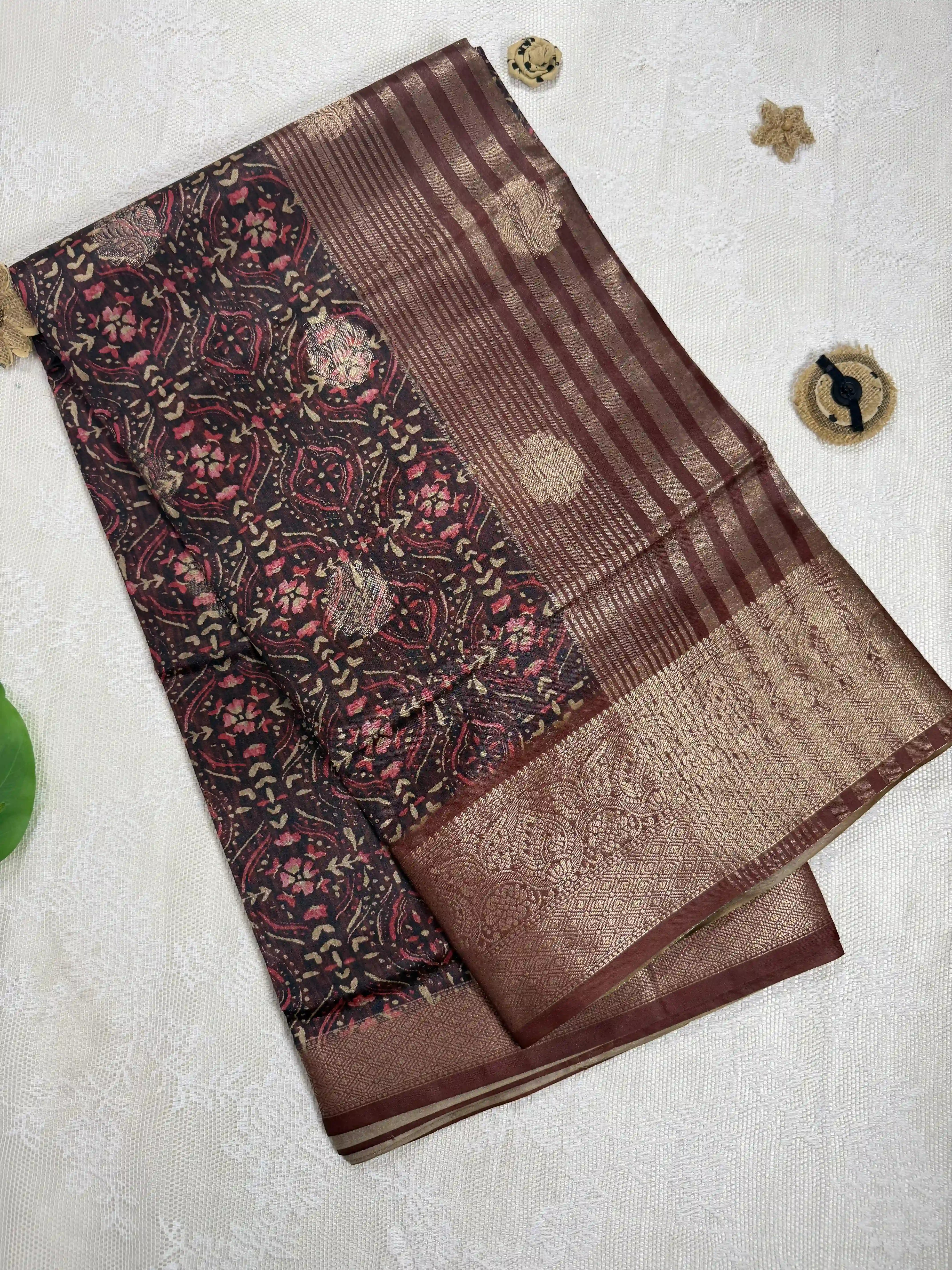 Mehendi Red Cotton Silk Saree with Gold Butta Body and Floral Motifs with Red and Gold Stripped Border and Pallu