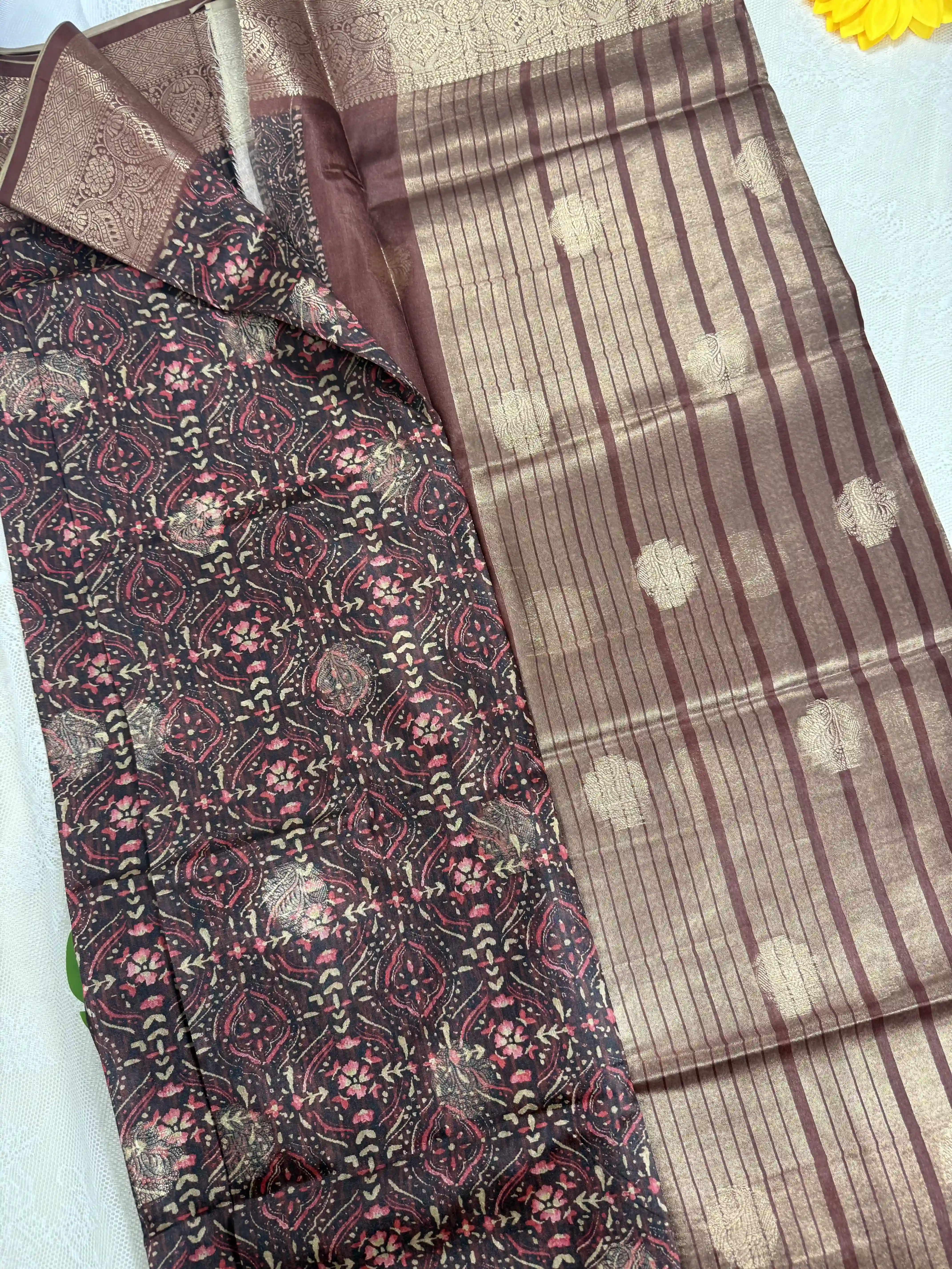 Mehendi Red Cotton Silk Saree with Gold Butta Body and Floral Motifs with Red and Gold Stripped Border and Pallu