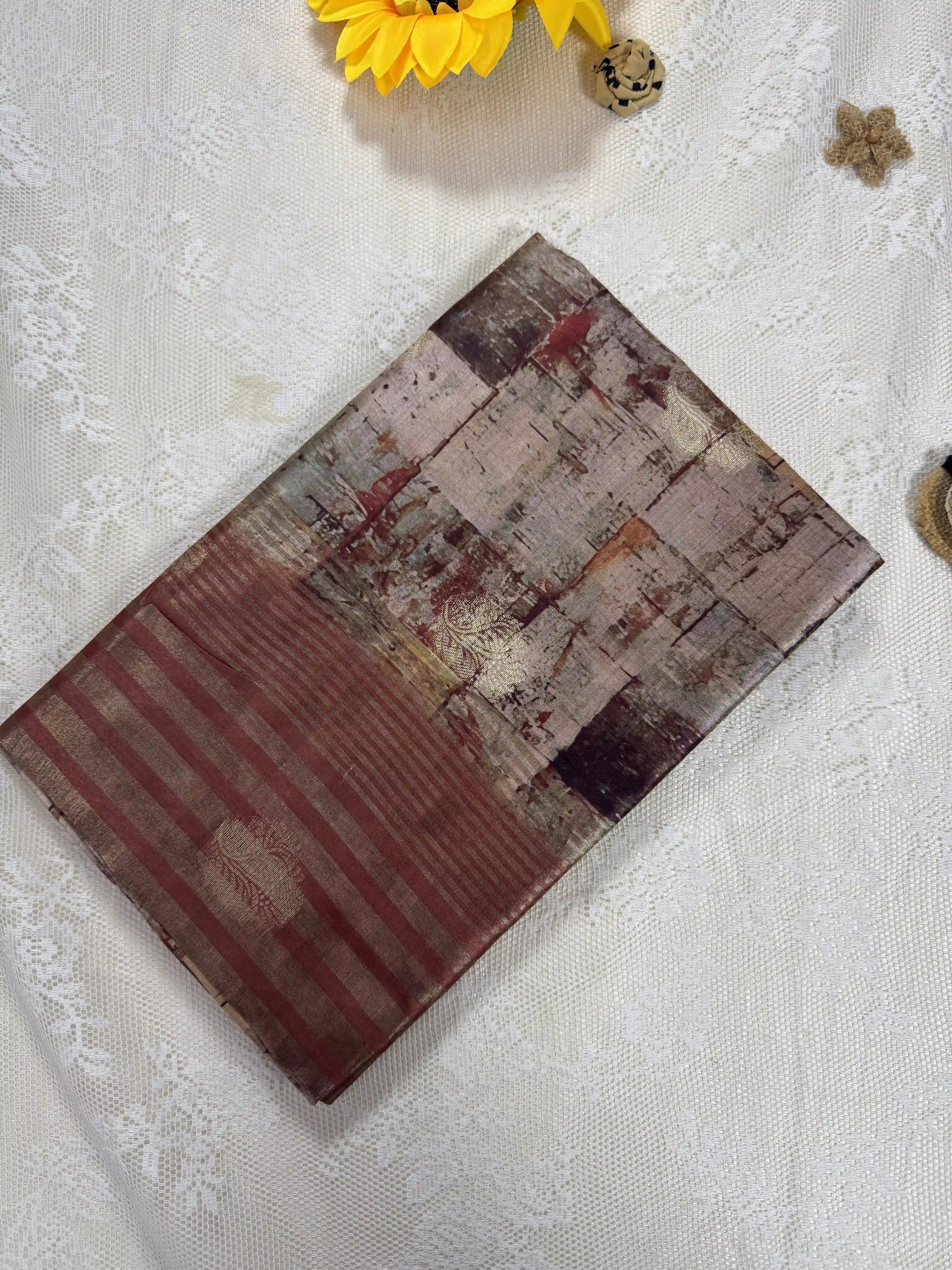 Temple Red Cotton Silk Saree with Gold Butta Body and Beige Marble Motifs with Red and Gold Stripped Border and Pallu