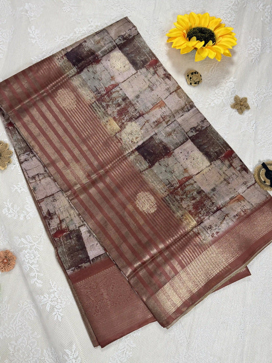 Temple Red Cotton Silk Saree with Gold Butta Body and Beige Marble Motifs with Red and Gold Stripped Border and Pallu