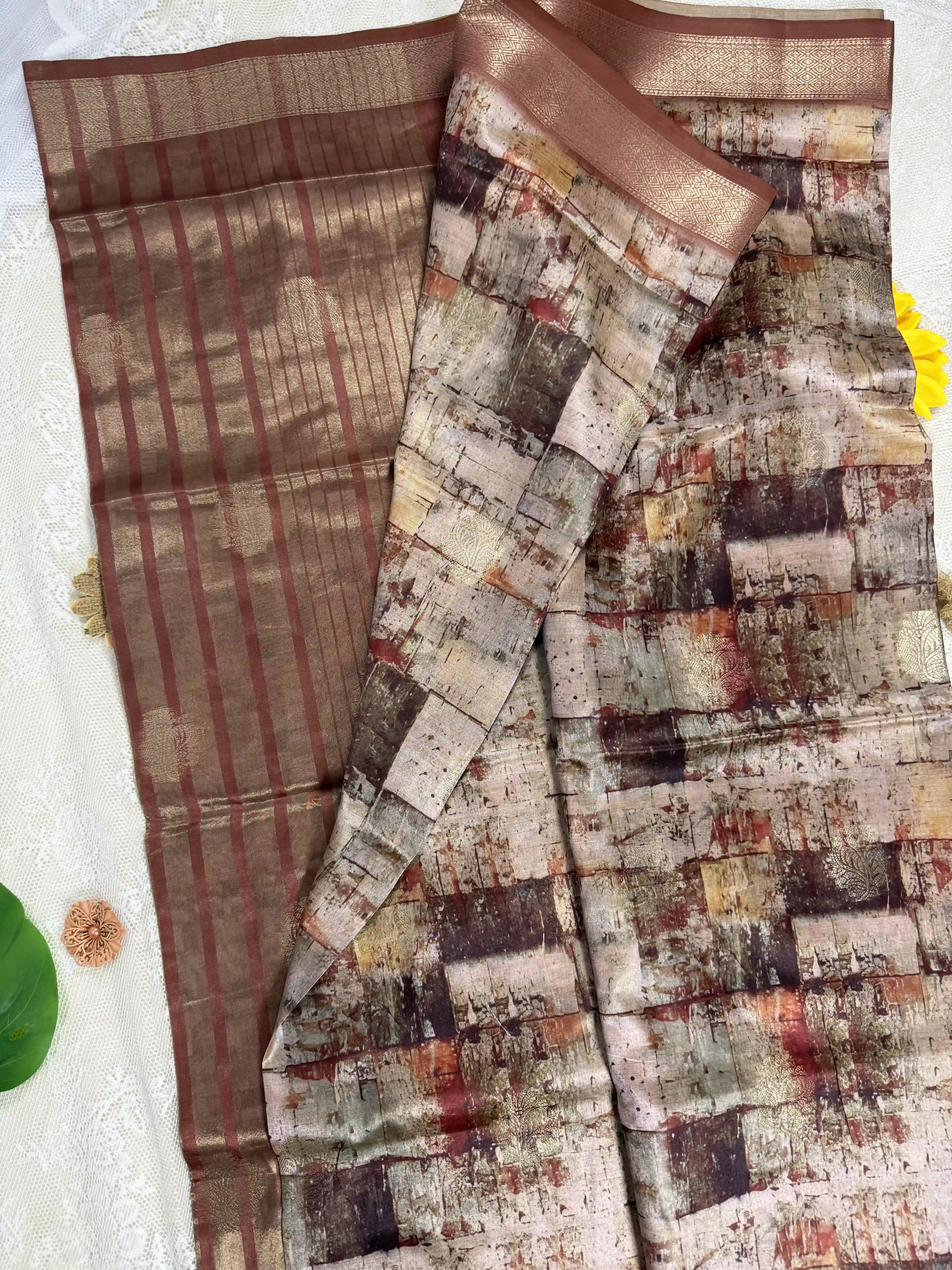 Temple Red Cotton Silk Saree with Gold Butta Body and Beige Marble Motifs with Red and Gold Stripped Border and Pallu