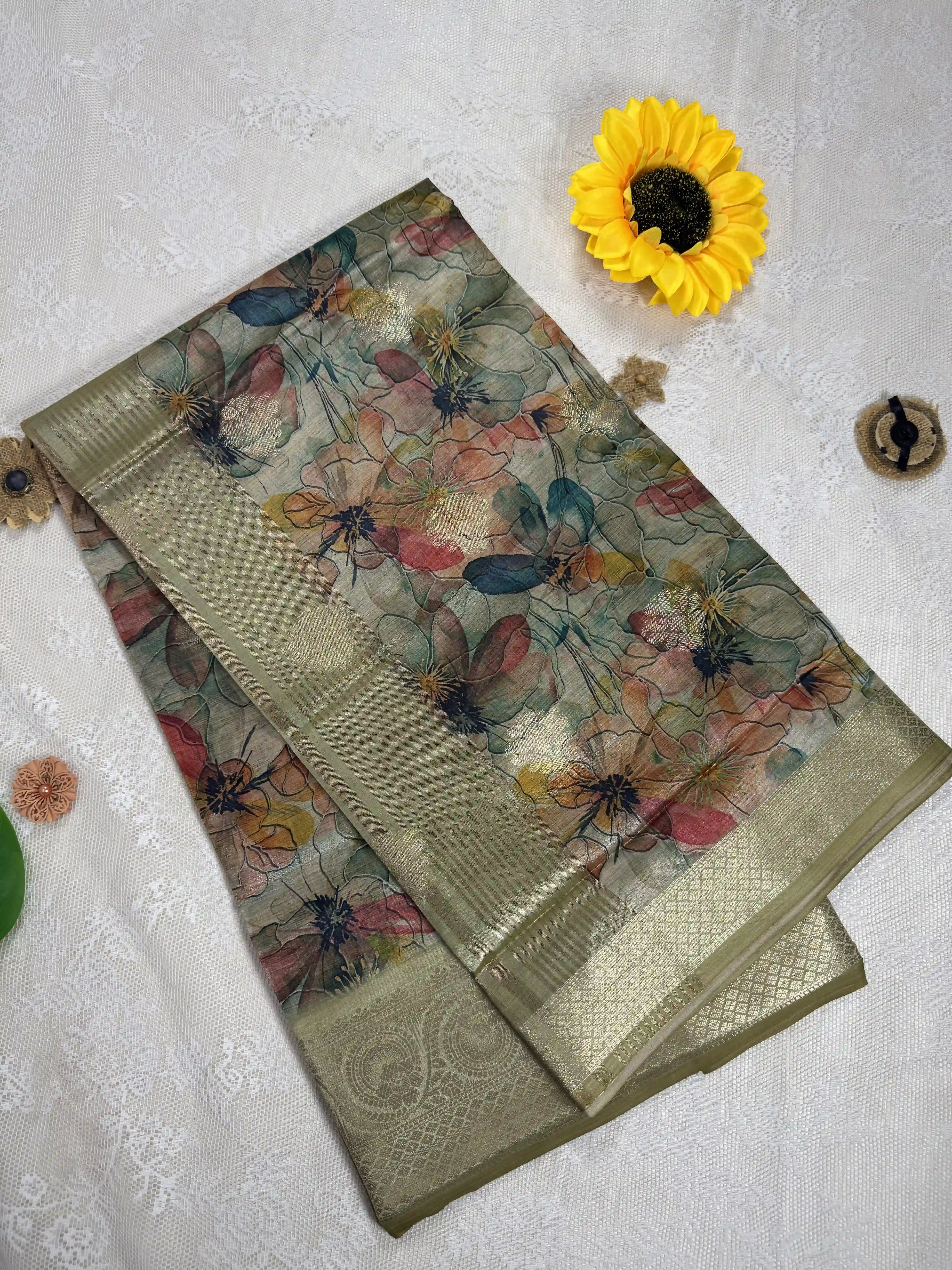 Green Cotton Silk Saree with Gold Butta Body and Floral Motifs with Pale Green and Gold Stripped Border and Pallu