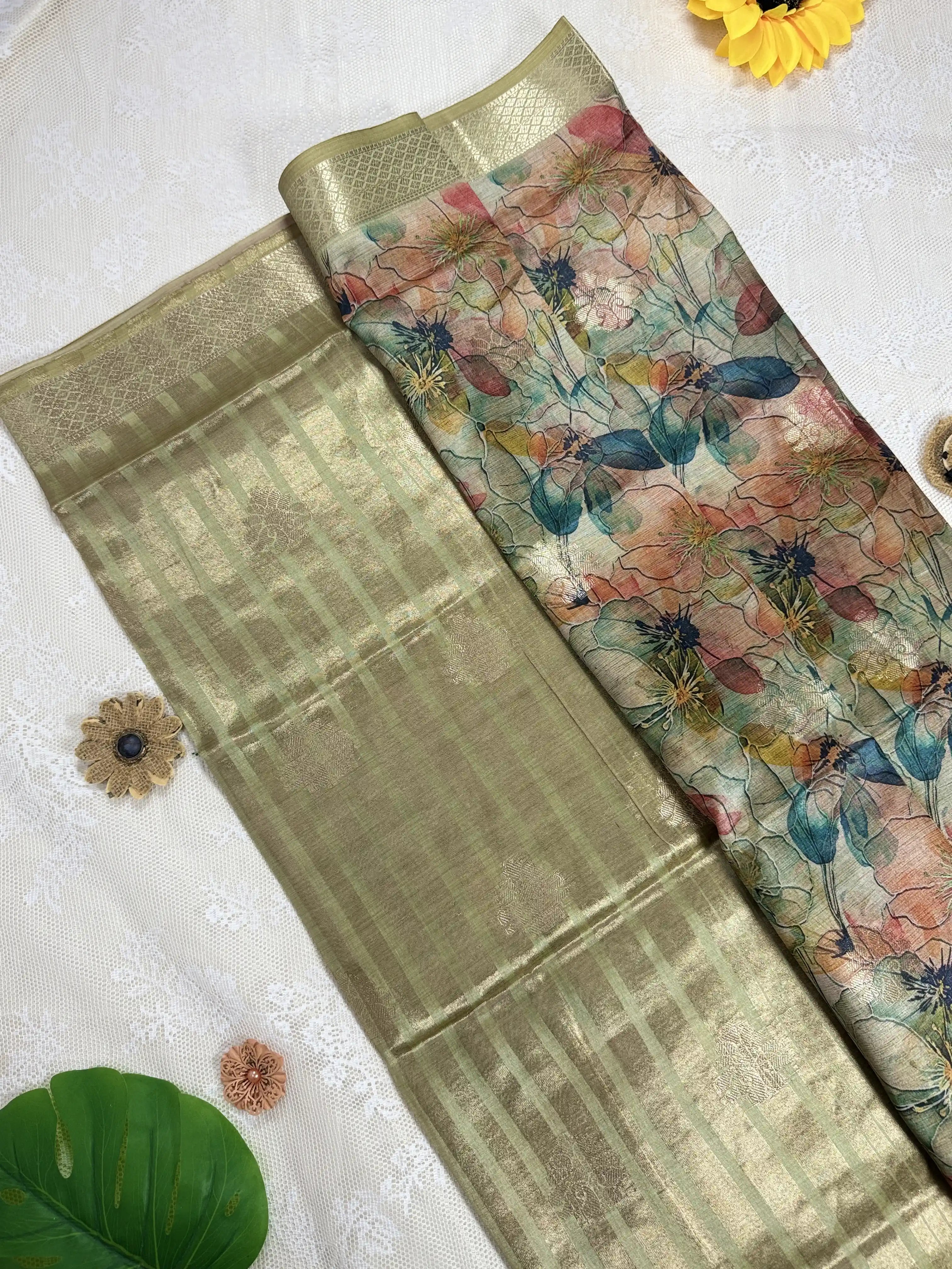 Green Cotton Silk Saree with Gold Butta Body and Floral Motifs with Pale Green and Gold Stripped Border and Pallu