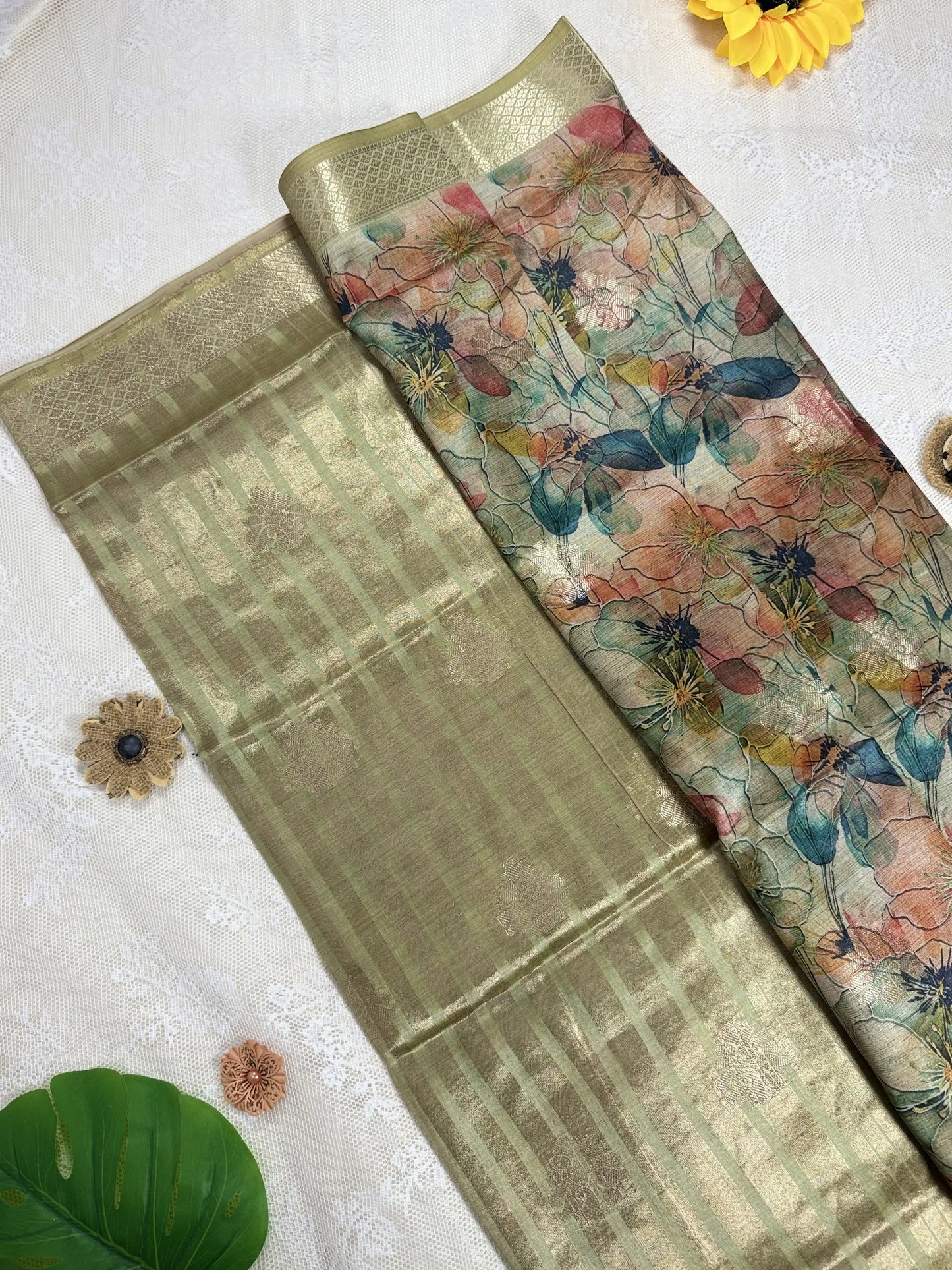 Green Cotton Silk Saree with Gold Butta Body and Floral Motifs with Pale Green and Gold Stripped Border and Pallu