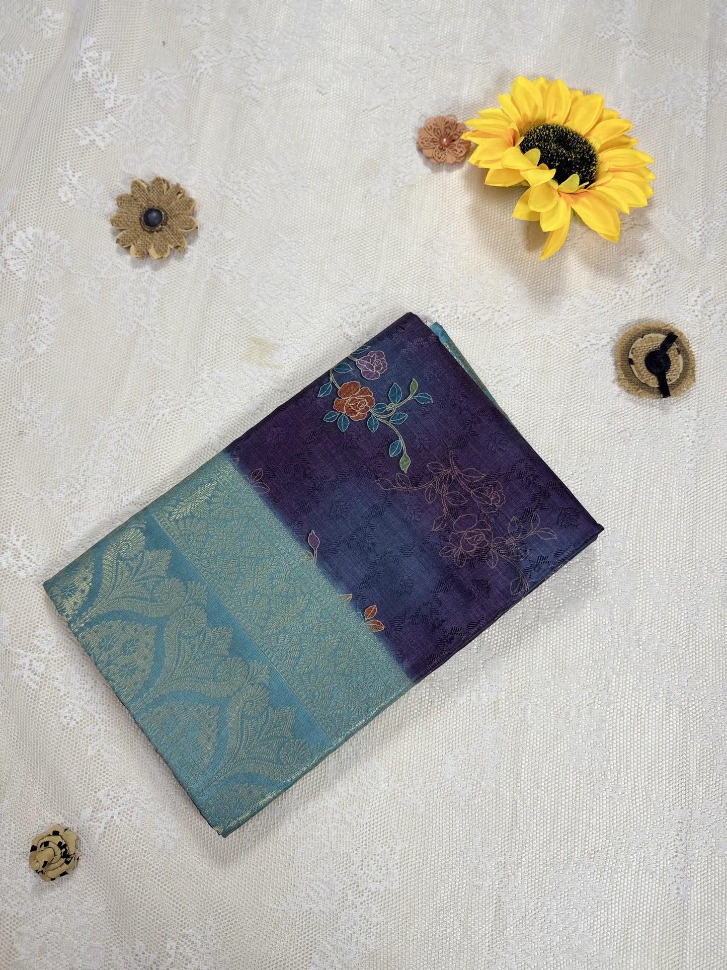 Purple Cotton Silk Saree with Leafy Textured Body and Floral Motifs with Teal Green and Gold Border and Pallu